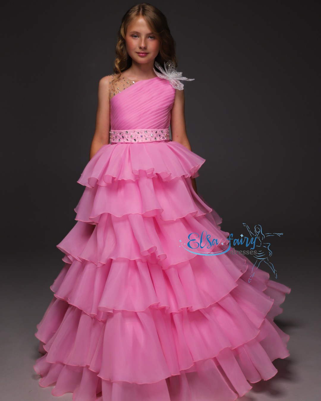 Pink pageant girl dress with beaded shoulders and waist, flower girl dress, long formal wear, organza tulle dress, birthday ball gown
