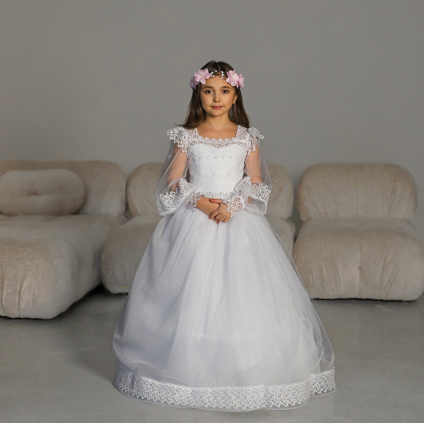 White Lace First Communion dress long puffy sleeve, Flower Girl Dress, wedding guest tulle dress, Baptism gown, Junior Bridesmaid dress