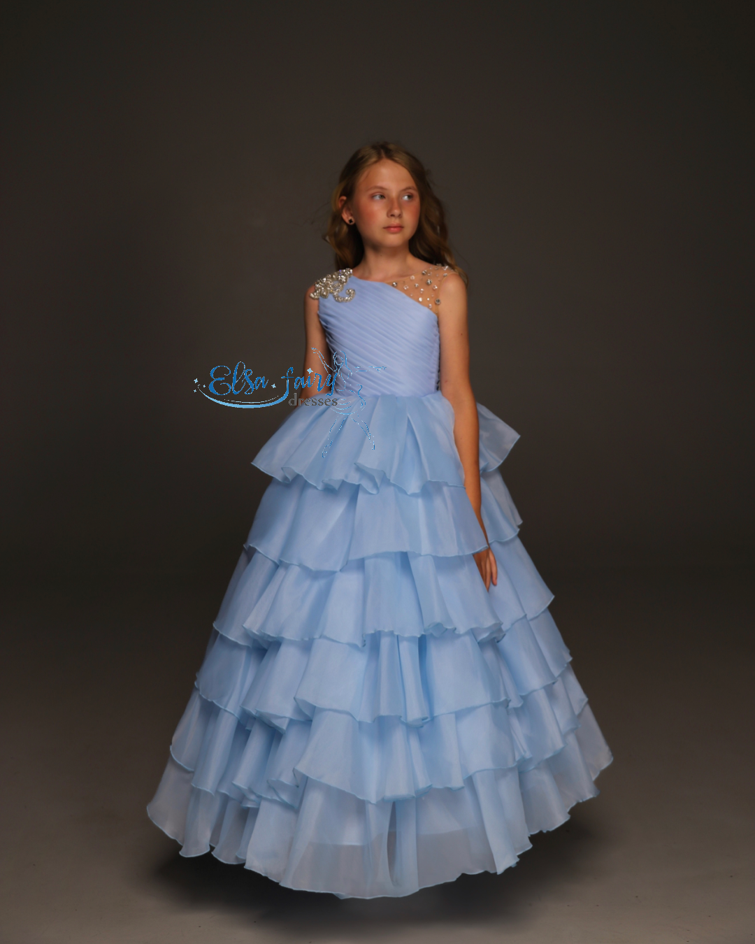 Lilac pageant girl dress with beaded shoulders and waist, flower girl dress, long formal wear, organza tulle dress, birthday ball gown