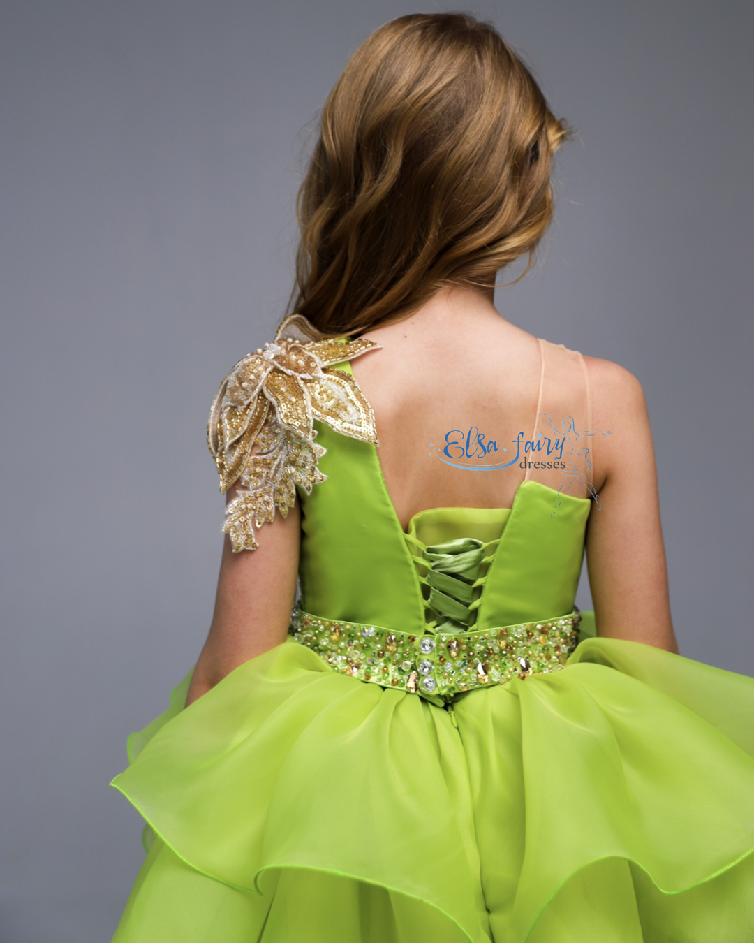 Green pageant girl dress with beaded shoulders and waist, flower girl dress, long formal wear, organza tulle dress, birthday ball gown