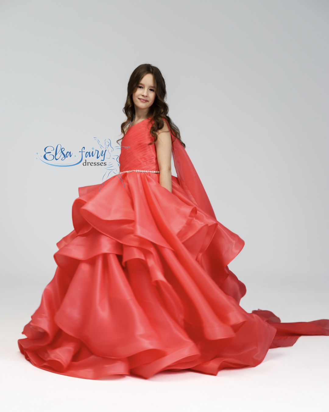 Red pageant girl dress with beaded shoulders and waist, flower girl dress, long formal wear, organza tulle dress, birthday ball gown