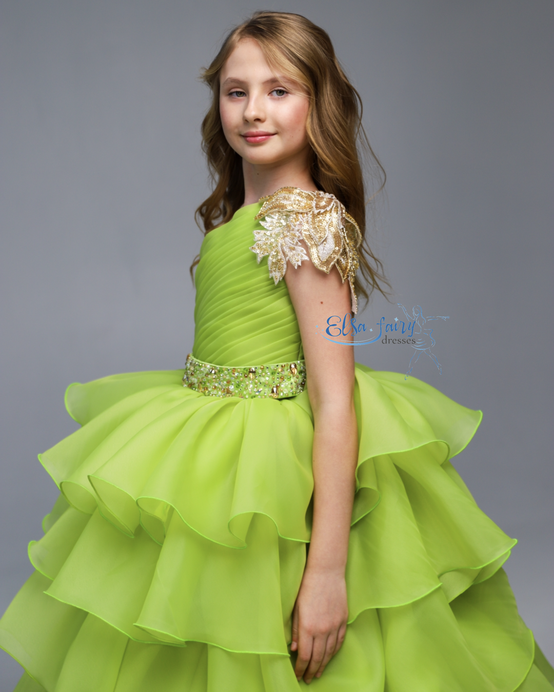 Green pageant girl dress with beaded shoulders and waist, flower girl dress, long formal wear, organza tulle dress, birthday ball gown
