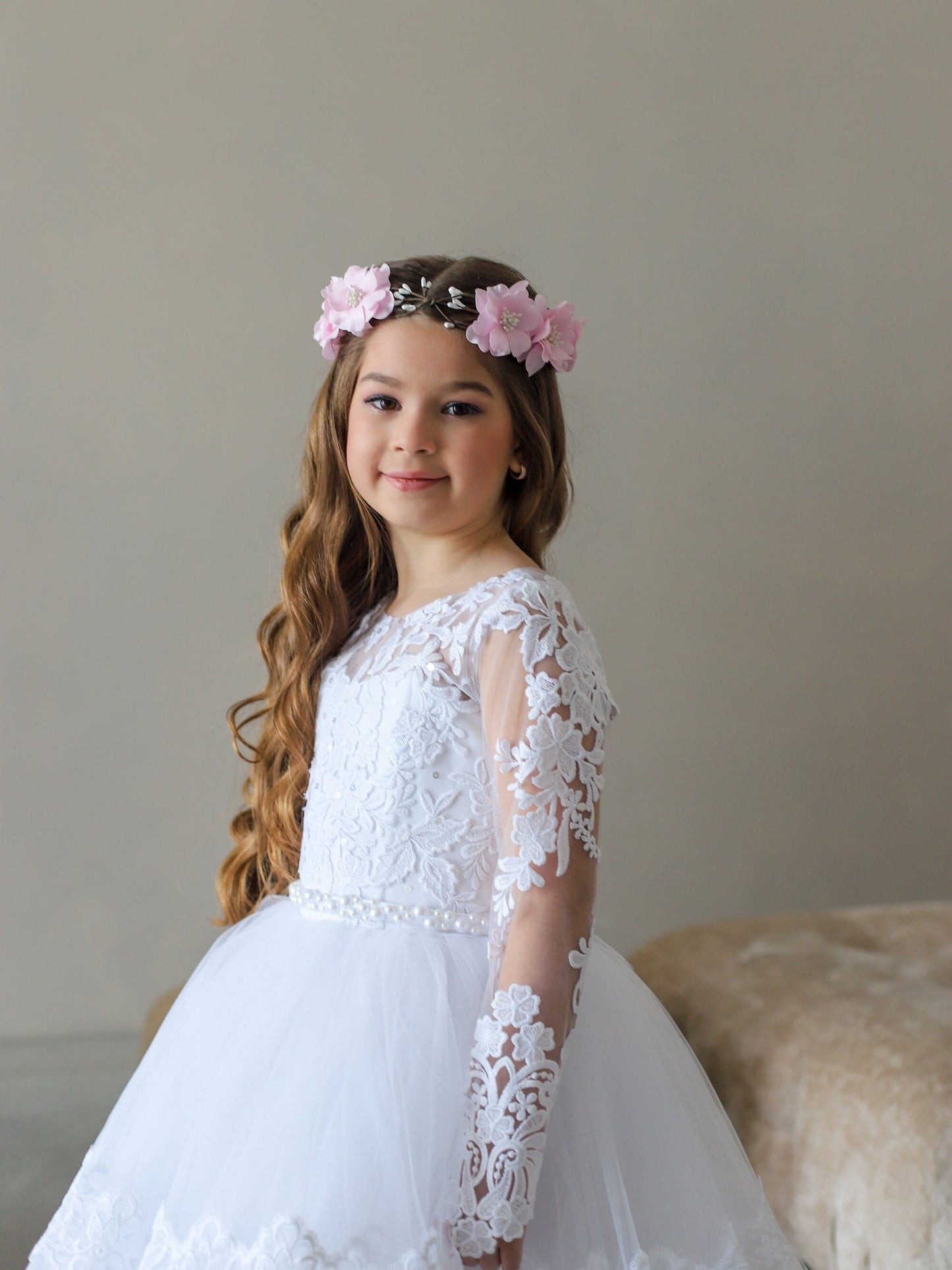 White Lace First Communion dress long puffy sleeve, Flower Girl Dress, wedding guest tulle dress, Baptism gown, Junior Bridesmaid dress