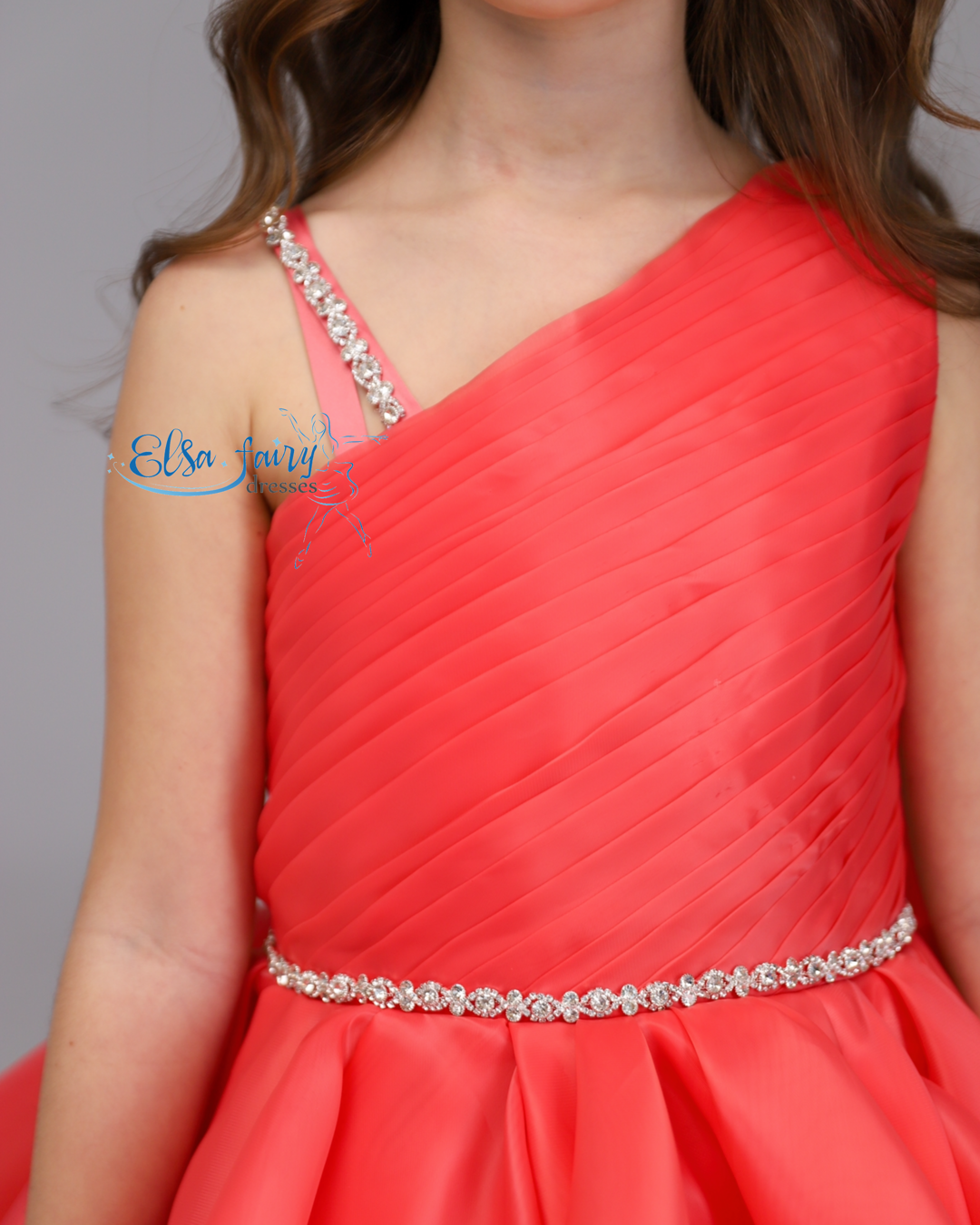 Red pageant girl dress with beaded shoulders and waist, flower girl dress, long formal wear, organza tulle dress, birthday ball gown