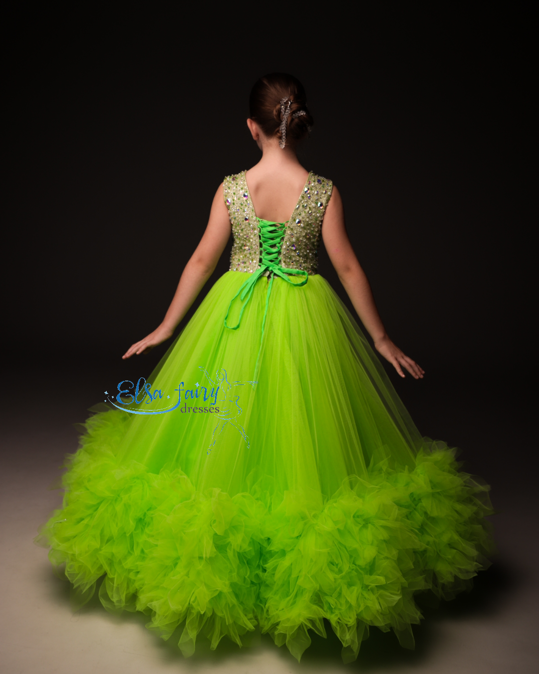 Green pageant girl dress with beaded bodice, flower girl dress, long formal wear, tulle dress, birthday ball gown