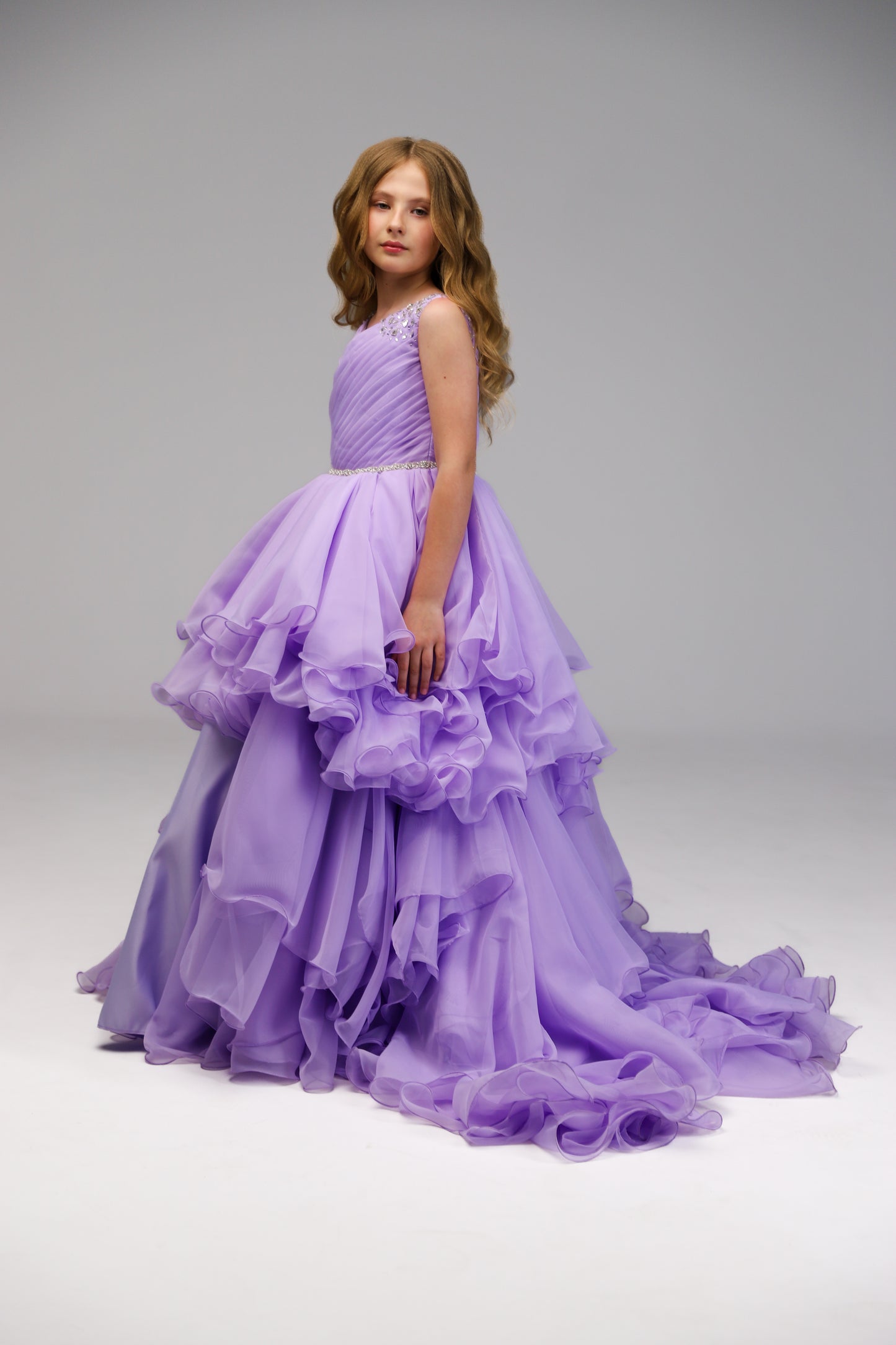 Lilac pageant chiffon girl dress with beaded shoulders and waist, flower girl dress, long formal wear, organza tulle dress, birthday ball gown