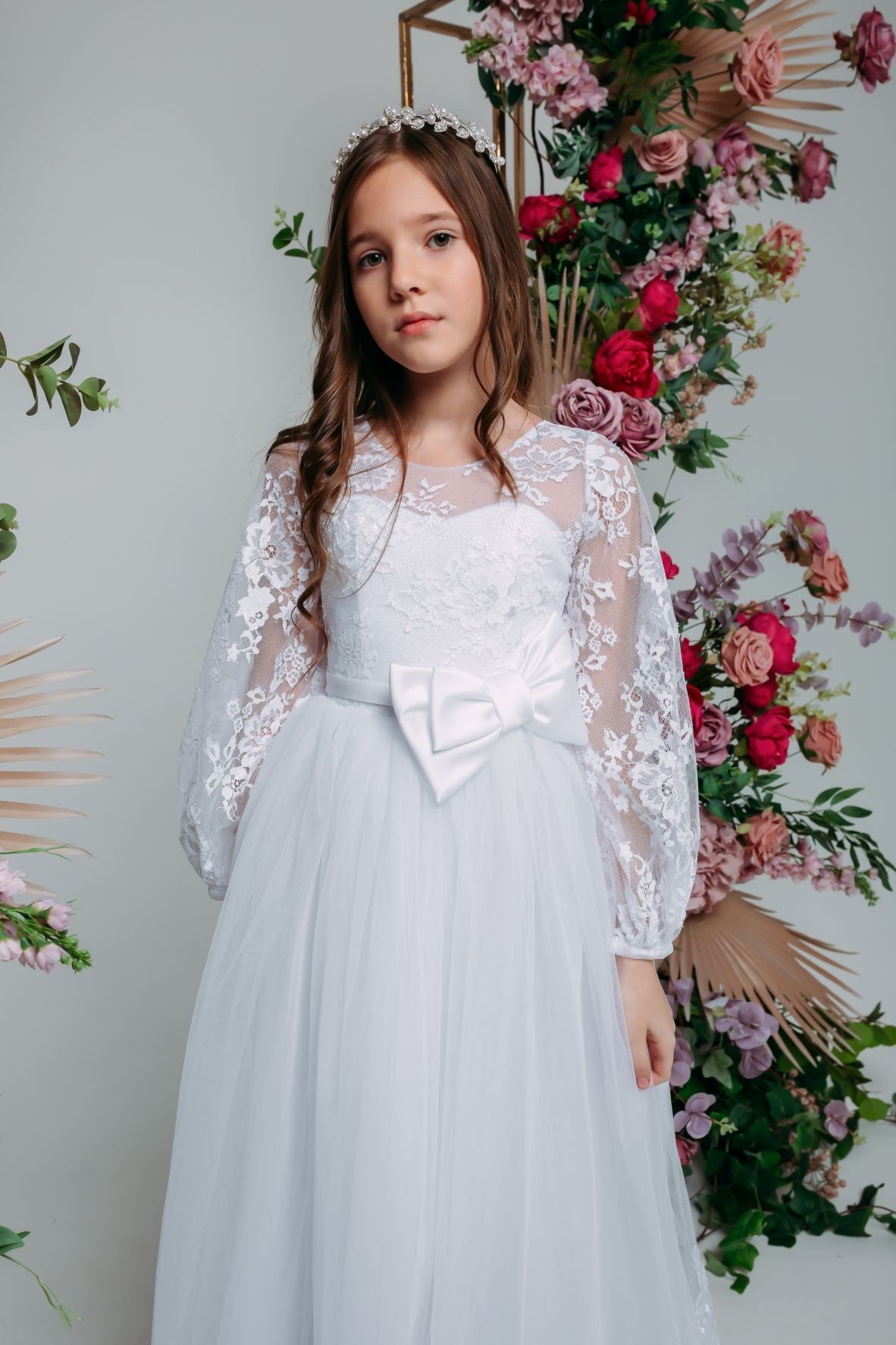 White lace First communion & Baptism dress, flower girl dress, wedding guest dress, Bridesmaids dress, holy communion gown, mini bride dress
