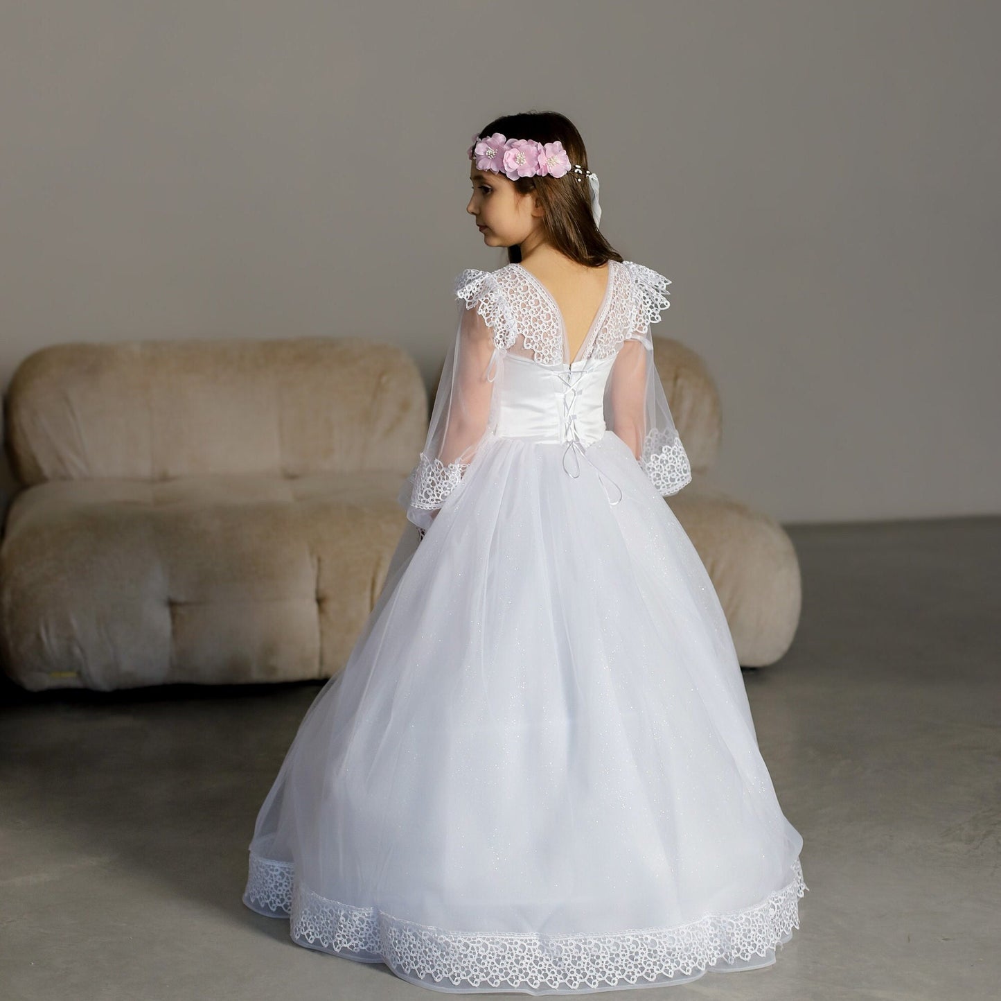 White Lace First Communion dress long puffy sleeve, Flower Girl Dress, wedding guest tulle dress, Baptism gown, Junior Bridesmaid dress