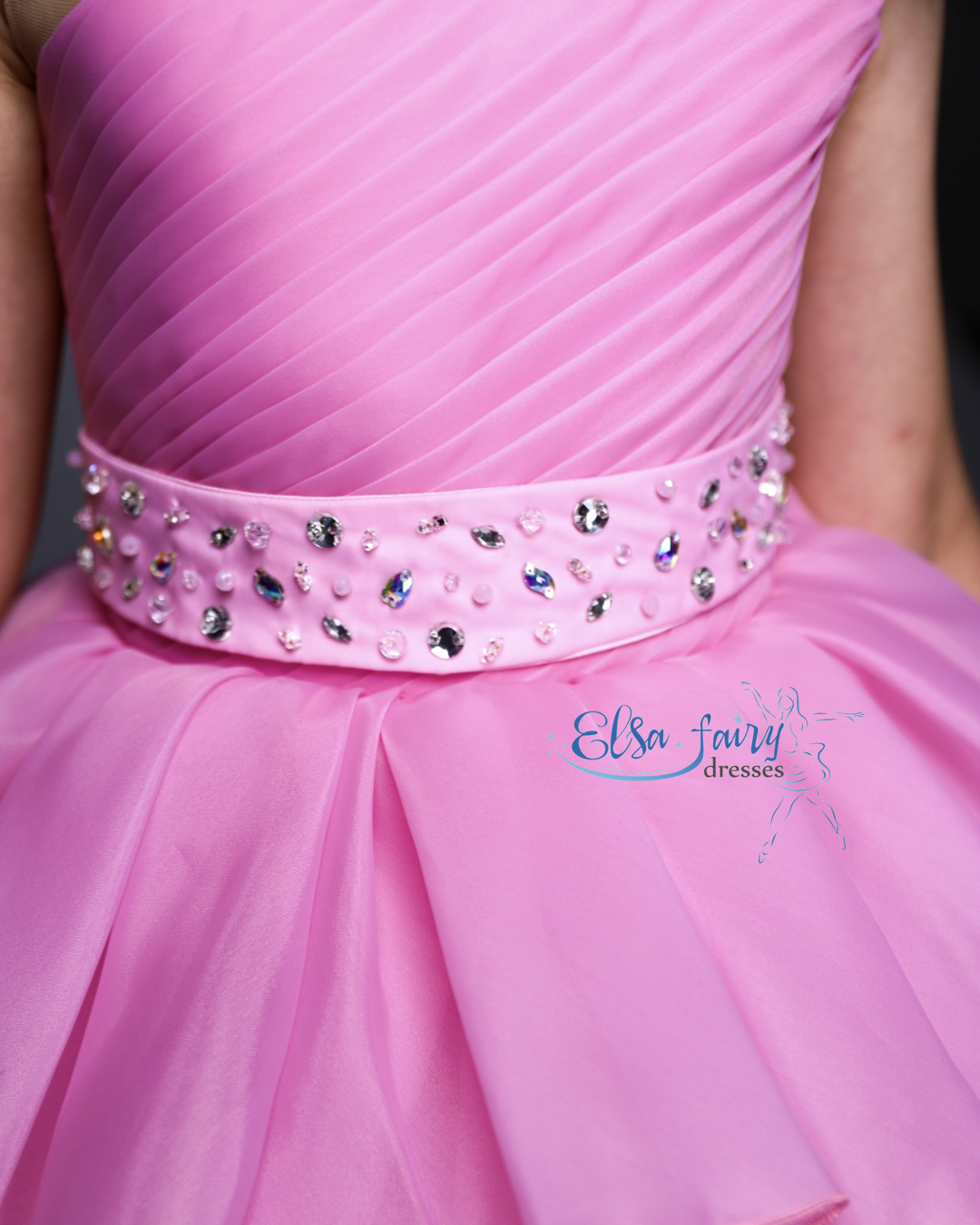 Pink pageant girl dress with beaded shoulders and waist, flower girl dress, long formal wear, organza tulle dress, birthday ball gown