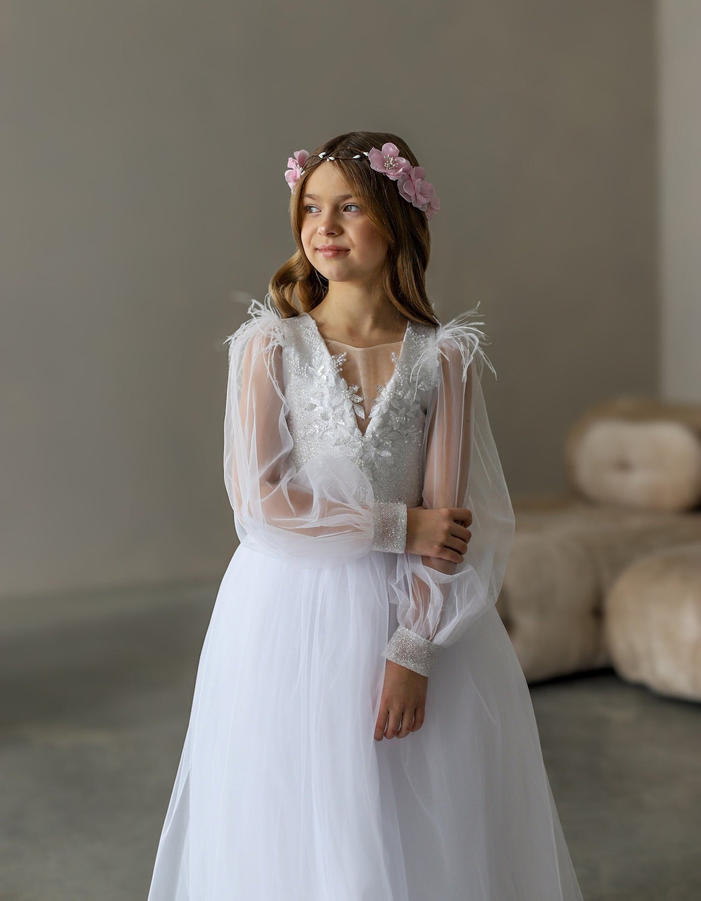 White Lace First Communion dress long puffy sleeve, Flower Girl Dress, wedding guest tulle dress, Baptism gown, Junior Bridesmaid dress