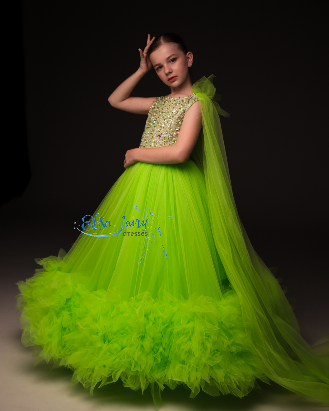 Green pageant girl dress with beaded bodice, flower girl dress, long formal wear, tulle dress, birthday ball gown