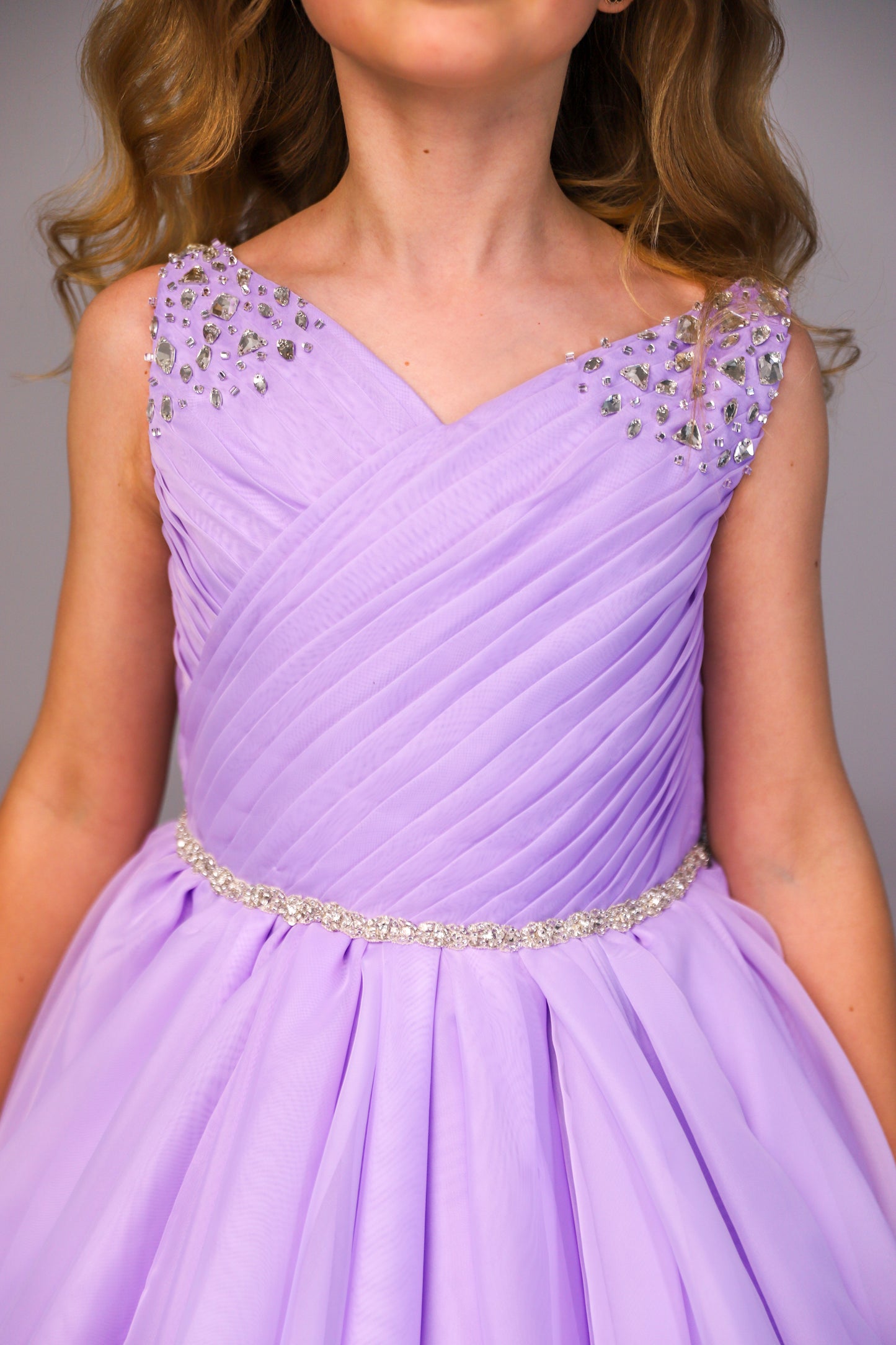 Lilac pageant chiffon girl dress with beaded shoulders and waist, flower girl dress, long formal wear, organza tulle dress, birthday ball gown