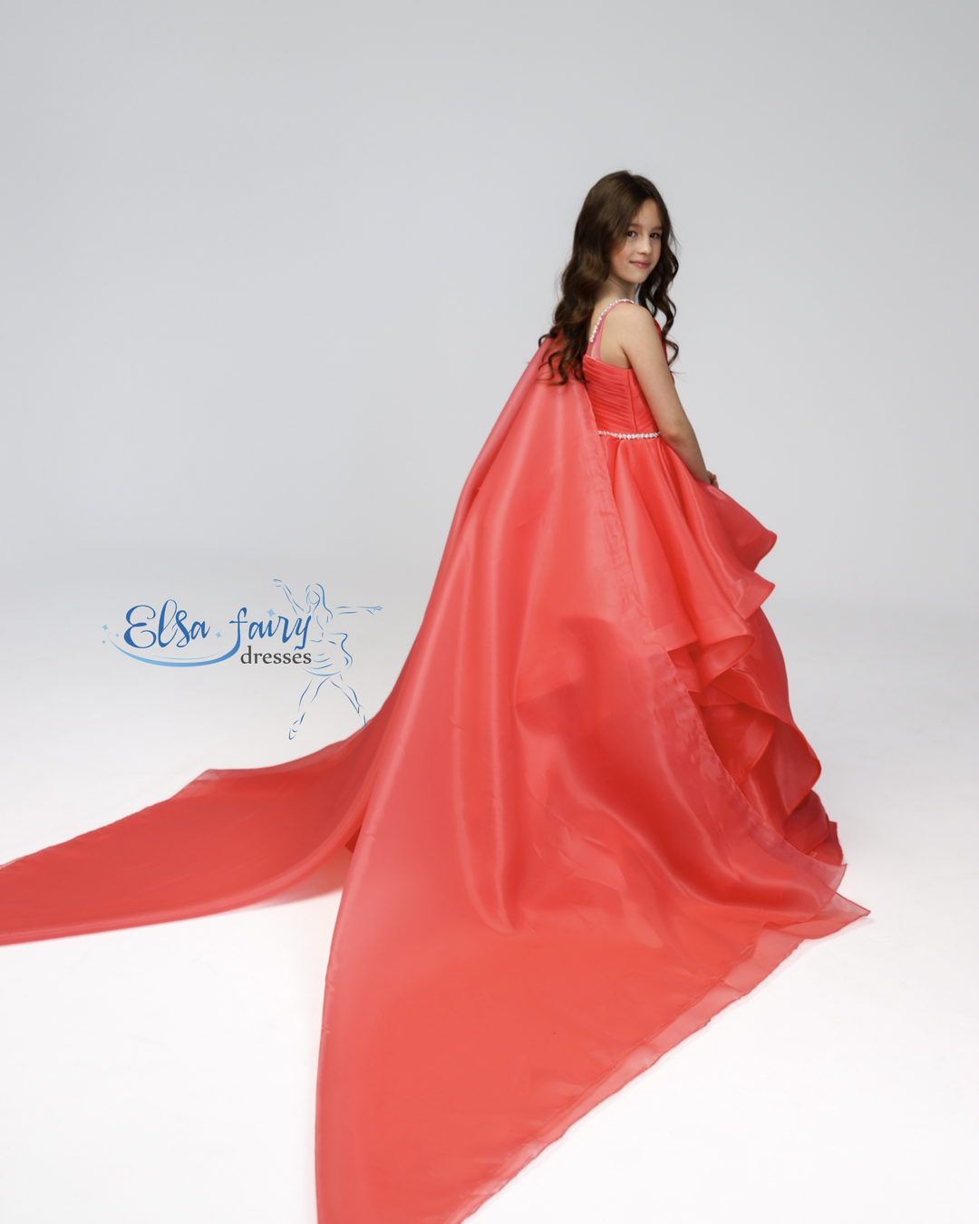 Red pageant girl dress with beaded shoulders and waist, flower girl dress, long formal wear, organza tulle dress, birthday ball gown