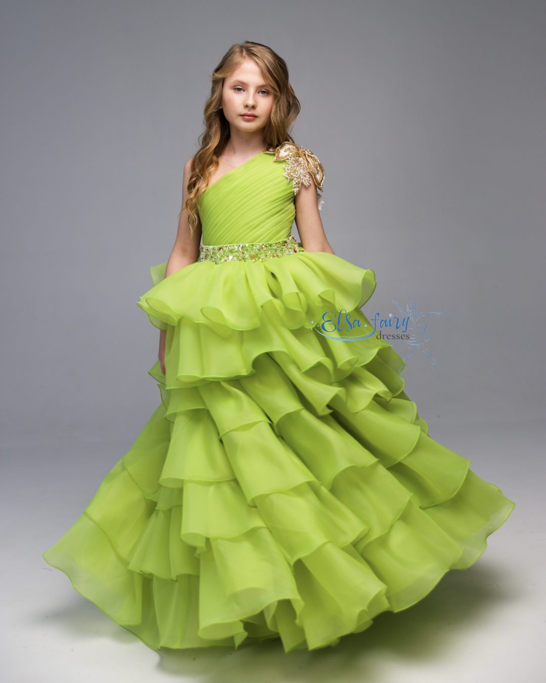 Green pageant girl dress with beaded shoulders and waist, flower girl dress, long formal wear, organza tulle dress, birthday ball gown