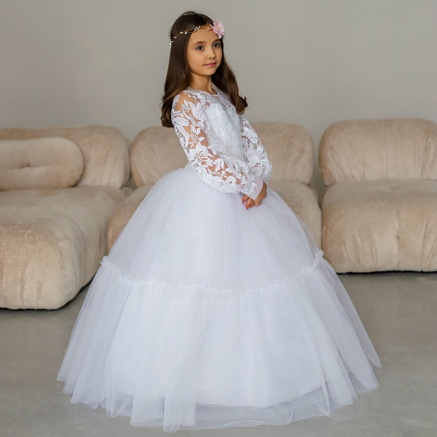 White Lace First Communion dress long puffy sleeve, Flower Girl Dress, wedding guest tulle dress, Baptism gown, Junior Bridesmaid dress
