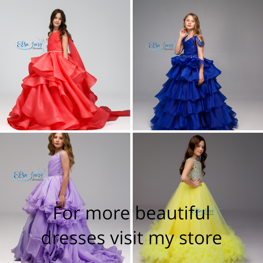 Blue pageant girl dress with beaded bodice, flower girl dress, long formal wear, tulle dress, birthday ball gown