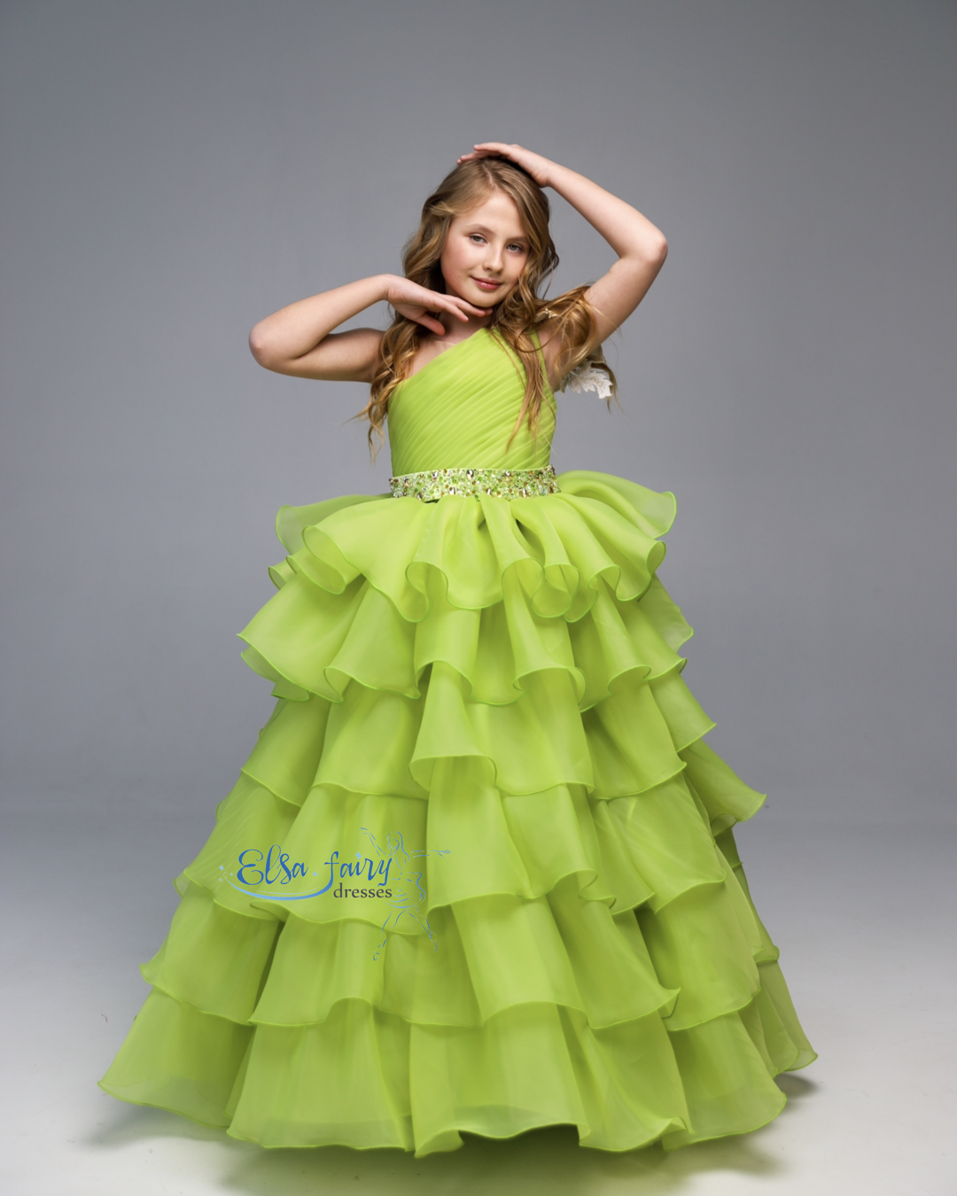 Green pageant girl dress with beaded shoulders and waist, flower girl dress, long formal wear, organza tulle dress, birthday ball gown