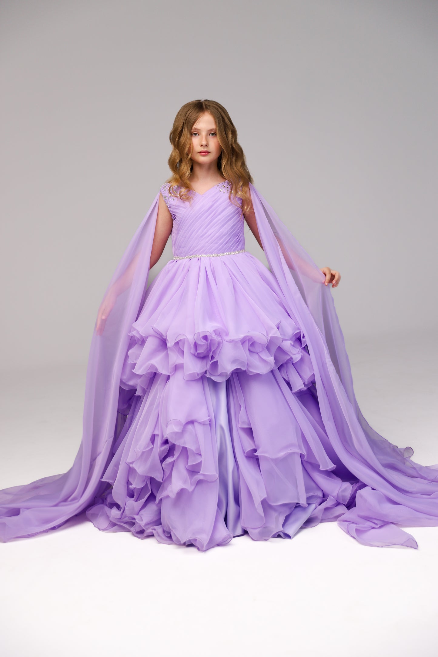 Lilac pageant chiffon girl dress with beaded shoulders and waist, flower girl dress, long formal wear, organza tulle dress, birthday ball gown