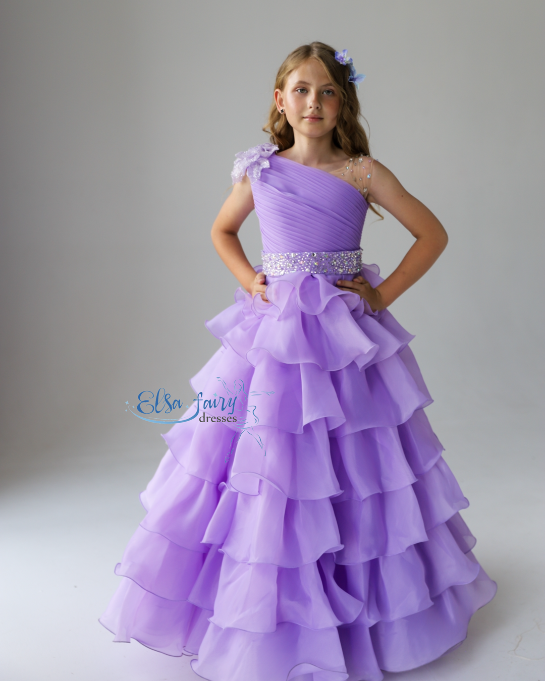 Lilac pageant girl dress with beaded shoulders and waist, flower girl dress, long formal wear, organza tulle dress, birthday ball gown