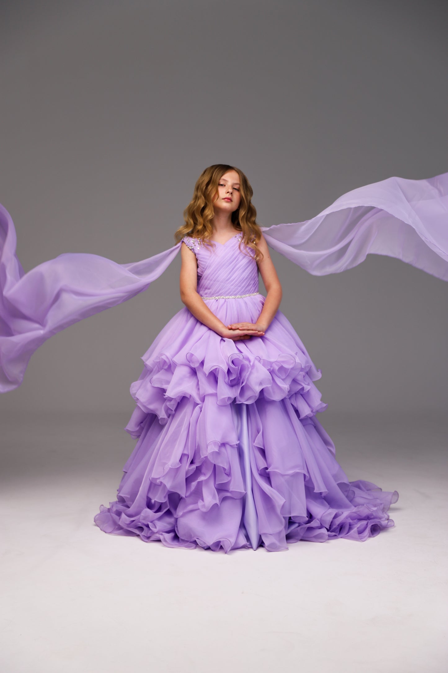 Lilac pageant chiffon girl dress with beaded shoulders and waist, flower girl dress, long formal wear, organza tulle dress, birthday ball gown