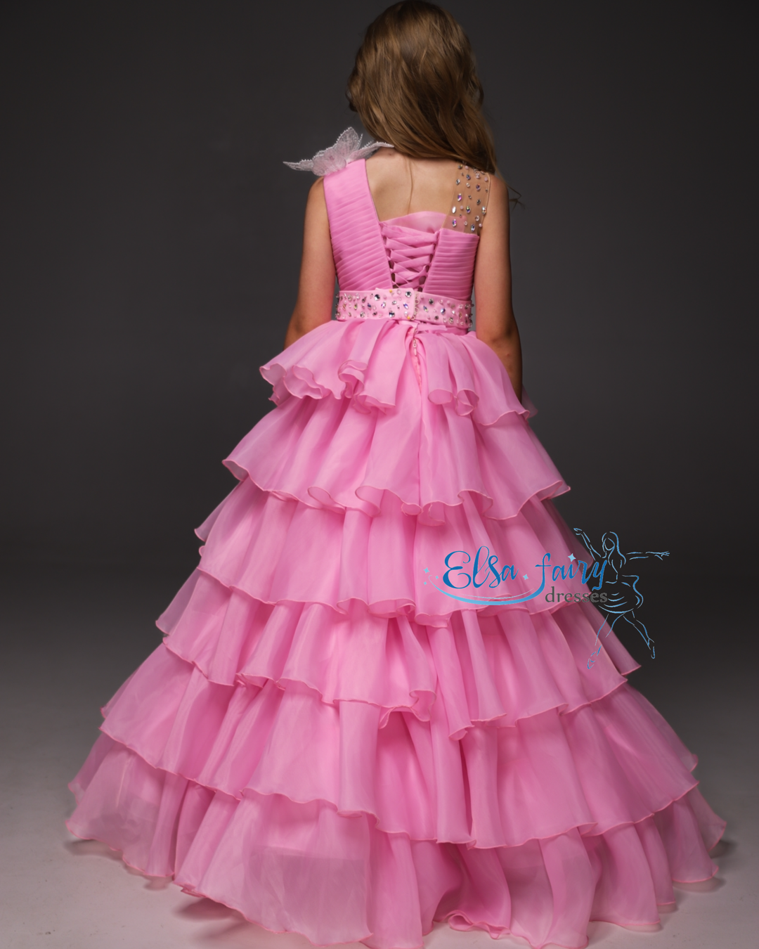 Pink pageant girl dress with beaded shoulders and waist, flower girl dress, long formal wear, organza tulle dress, birthday ball gown