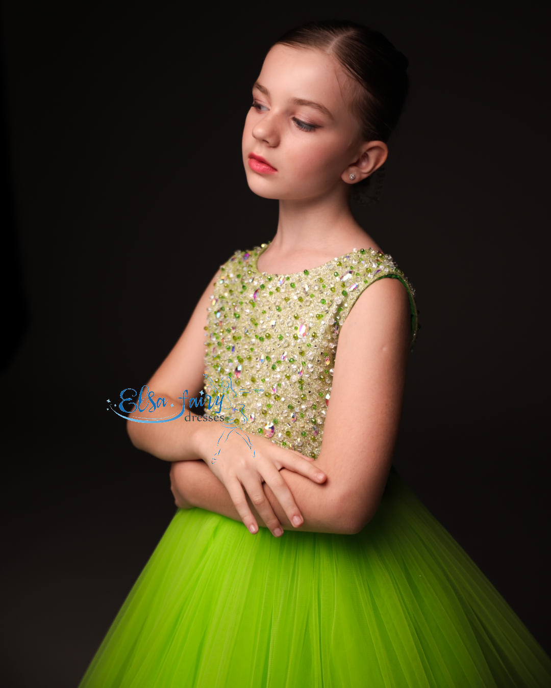 Green pageant girl dress with beaded bodice, flower girl dress, long formal wear, tulle dress, birthday ball gown
