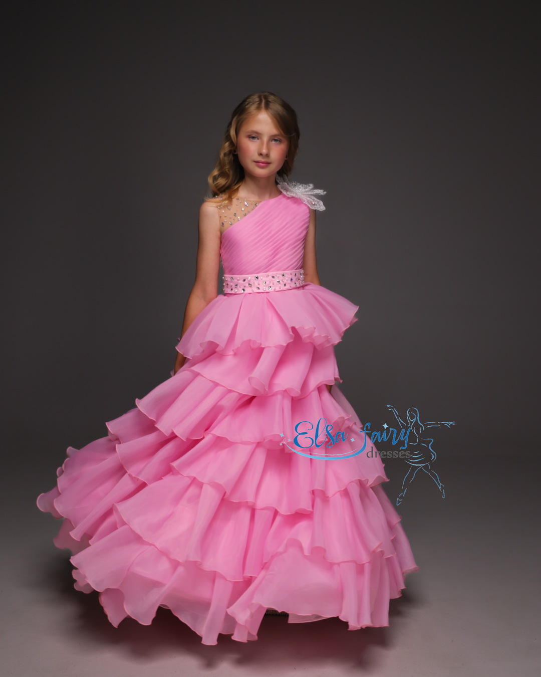 Pink pageant girl dress with beaded shoulders and waist, flower girl dress, long formal wear, organza tulle dress, birthday ball gown