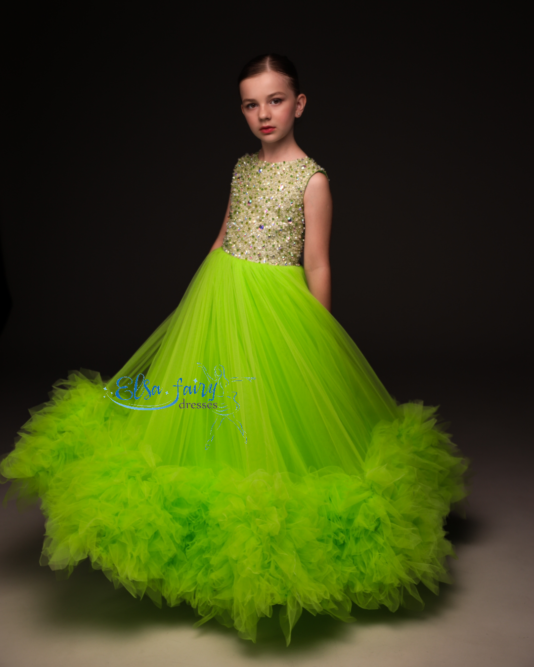 Green pageant girl dress with beaded bodice, flower girl dress, long formal wear, tulle dress, birthday ball gown