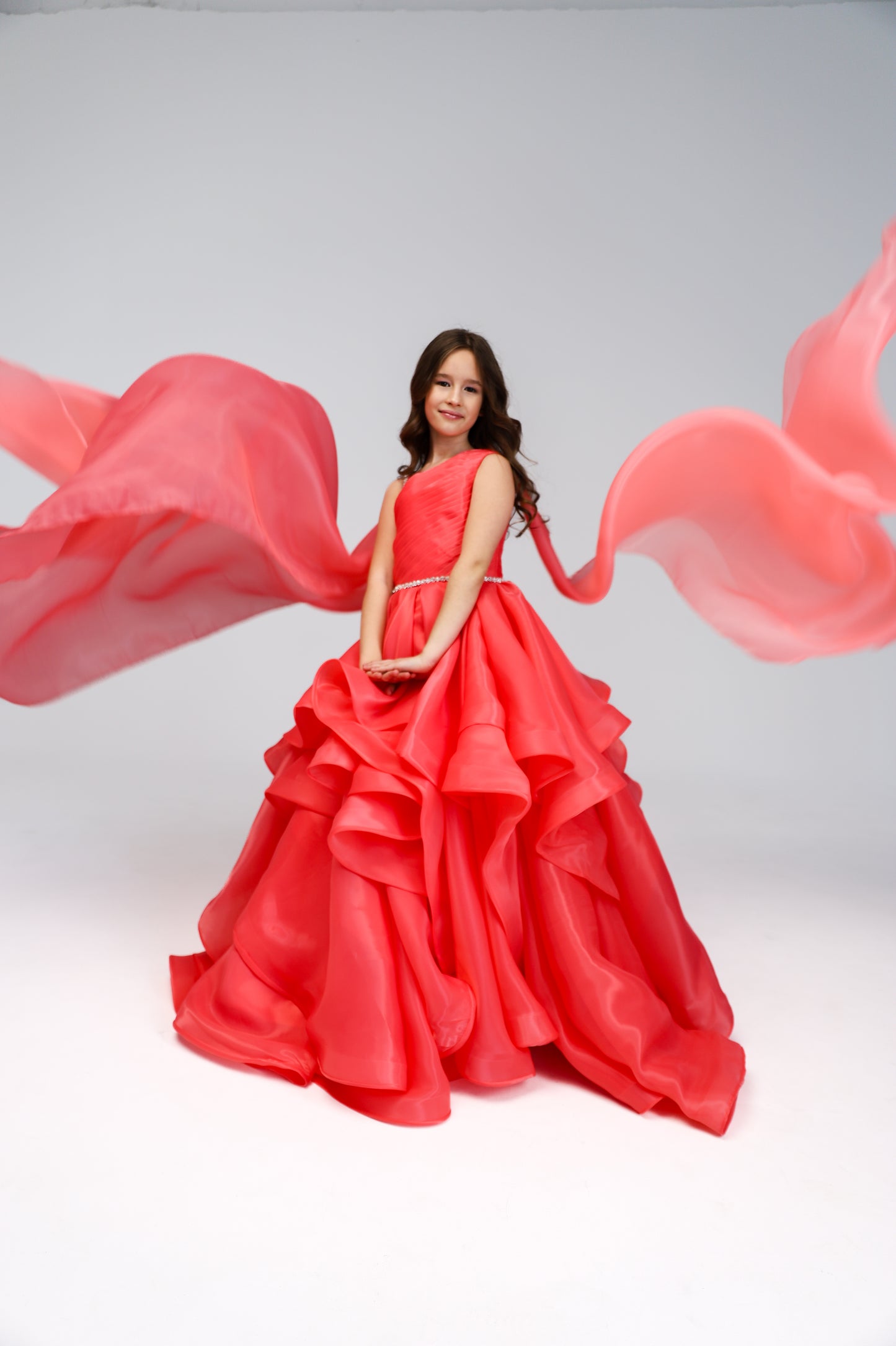 Red pageant girl dress with beaded shoulders and waist, flower girl dress, long formal wear, organza tulle dress, birthday ball gown
