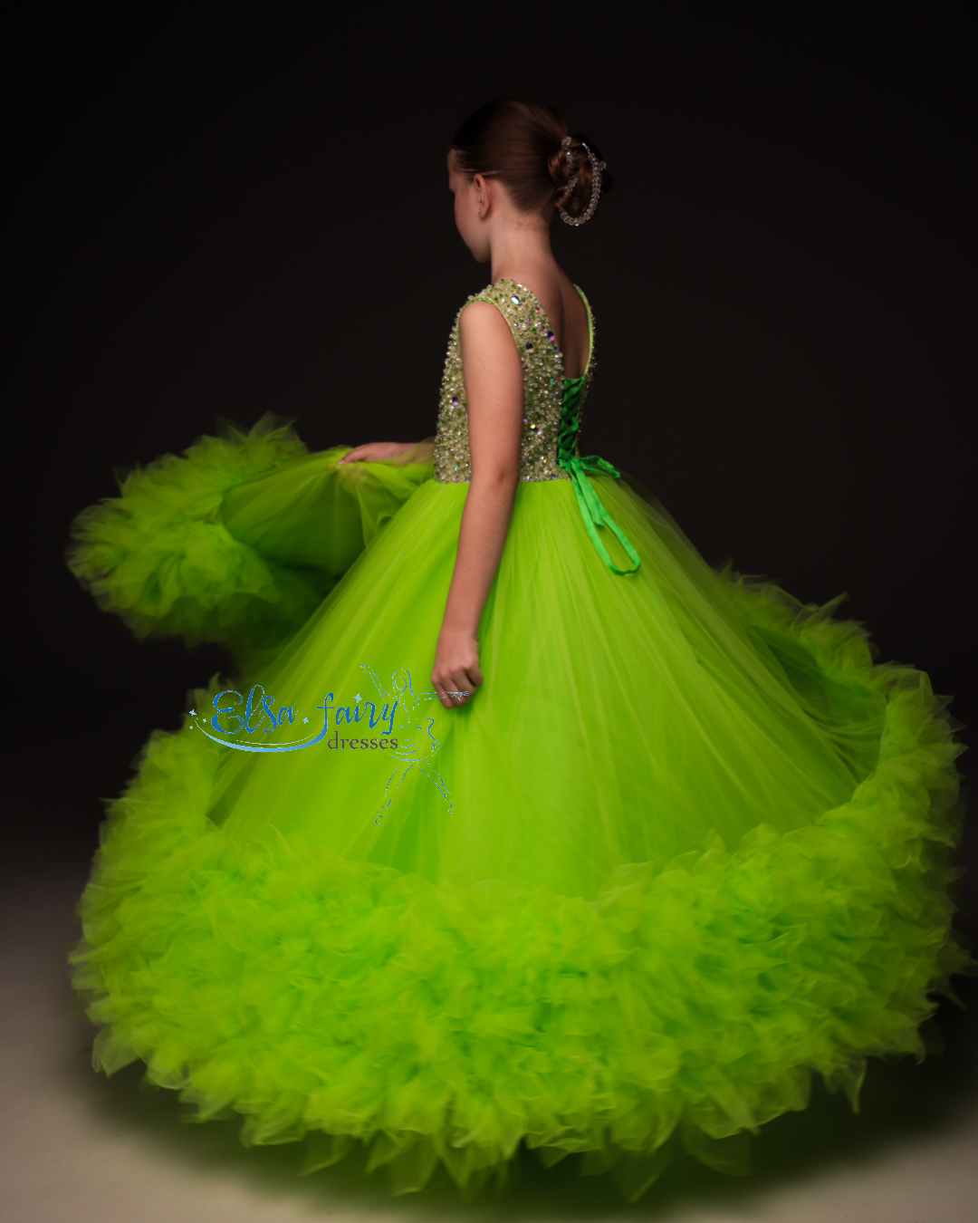 Green pageant girl dress with beaded bodice, flower girl dress, long formal wear, tulle dress, birthday ball gown