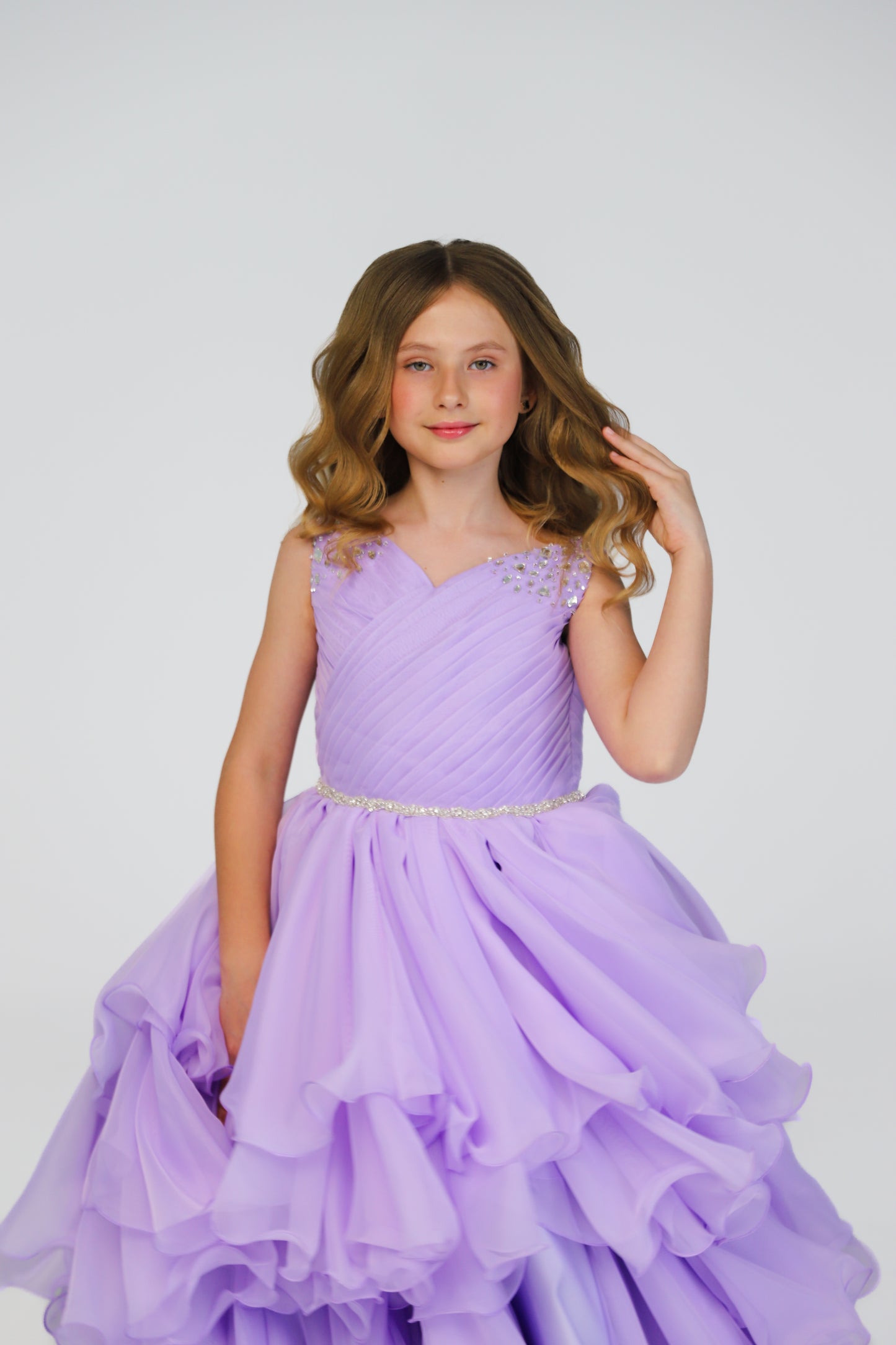 Lilac pageant chiffon girl dress with beaded shoulders and waist, flower girl dress, long formal wear, organza tulle dress, birthday ball gown