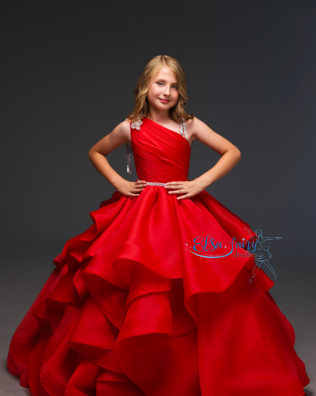 Red pageant girl dress with beaded shoulders and waist, flower girl dress, long formal wear, organza tulle dress, birthday ball gown
