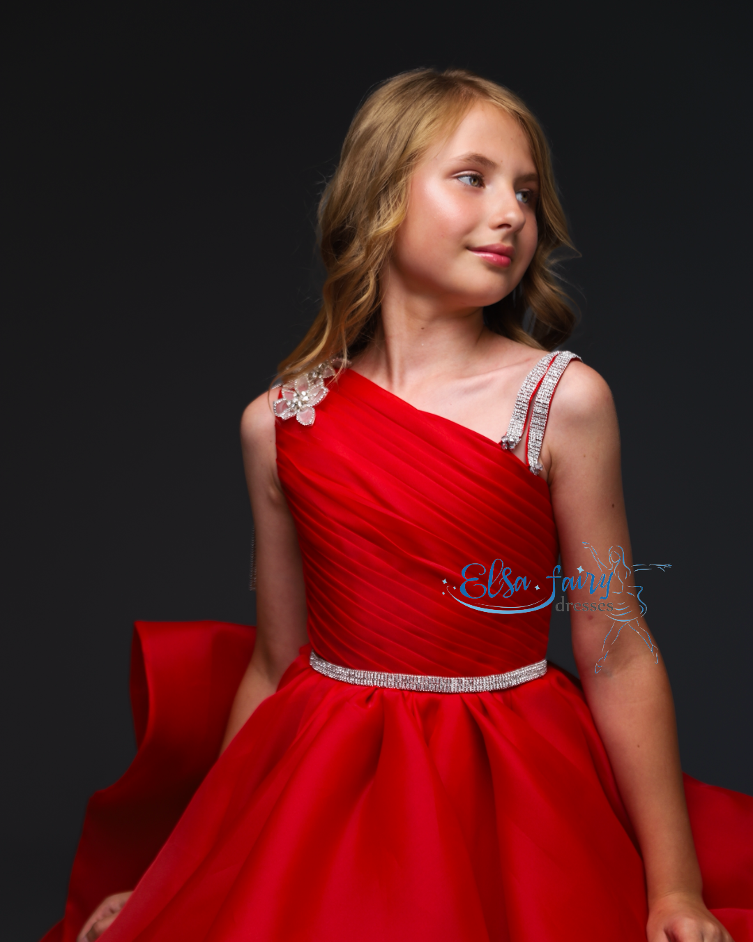 Red pageant girl dress with beaded shoulders and waist, flower girl dress, long formal wear, organza tulle dress, birthday ball gown