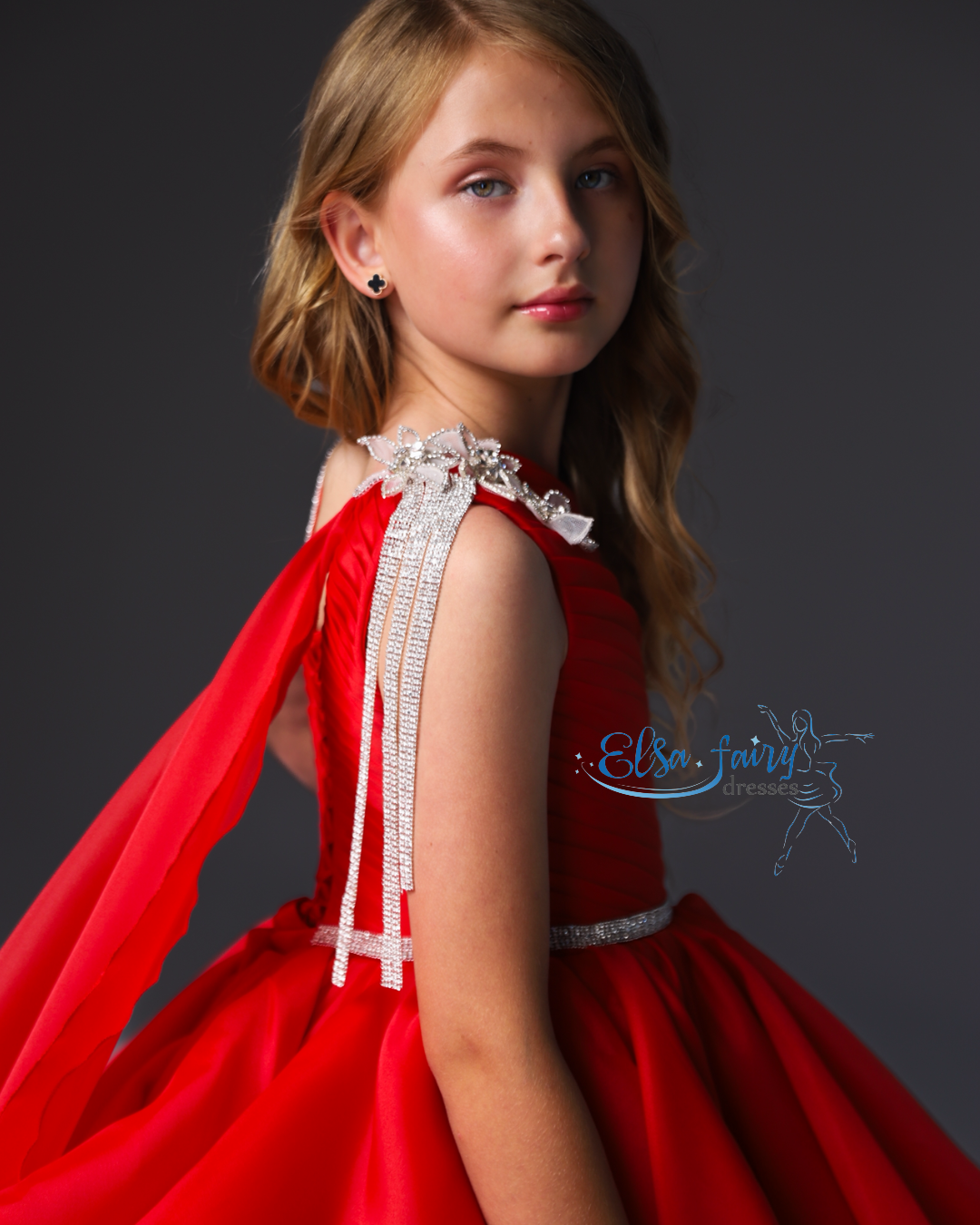 Red pageant girl dress with beaded shoulders and waist, flower girl dress, long formal wear, organza tulle dress, birthday ball gown