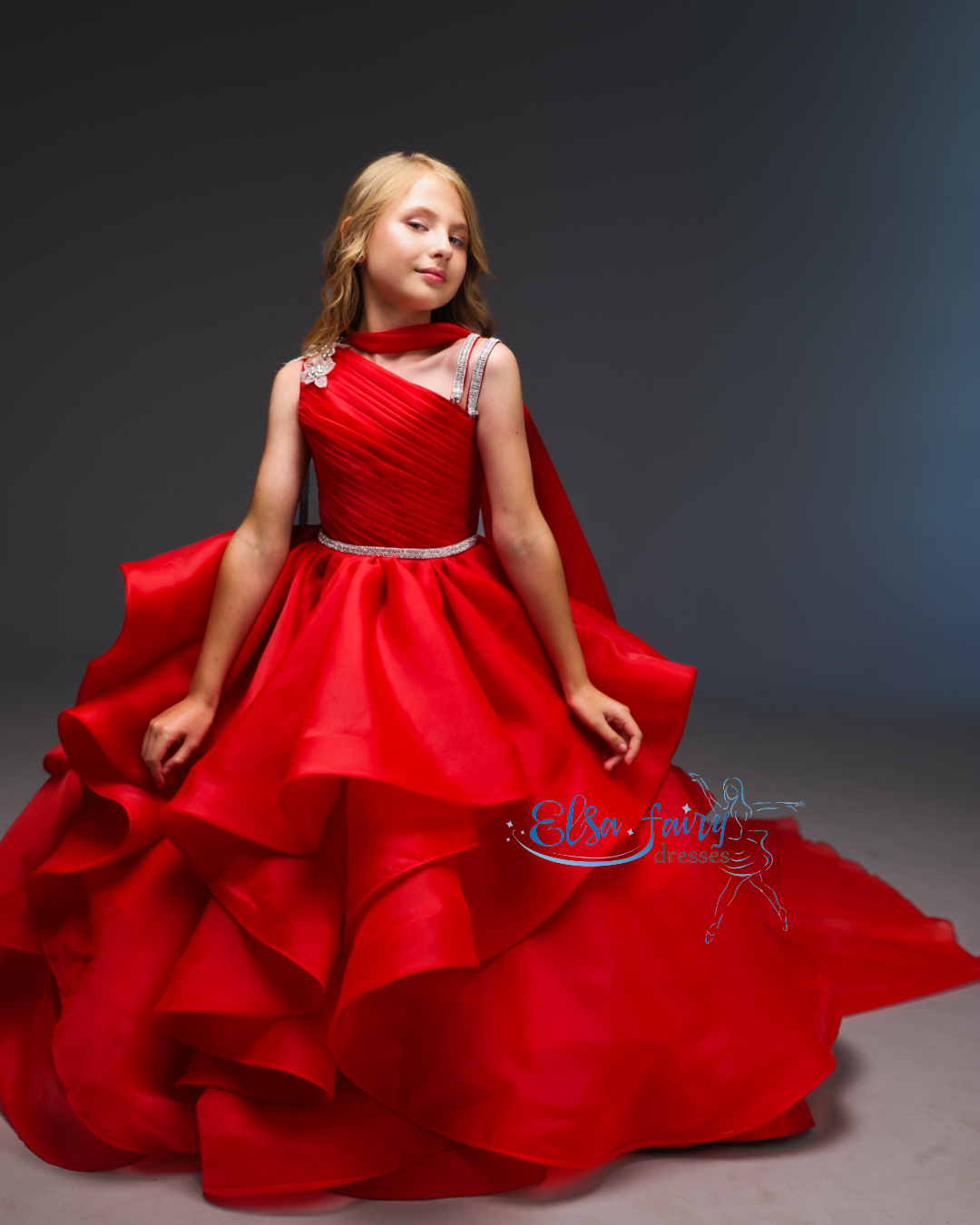 Red pageant girl dress with beaded shoulders and waist, flower girl dress, long formal wear, organza tulle dress, birthday ball gown