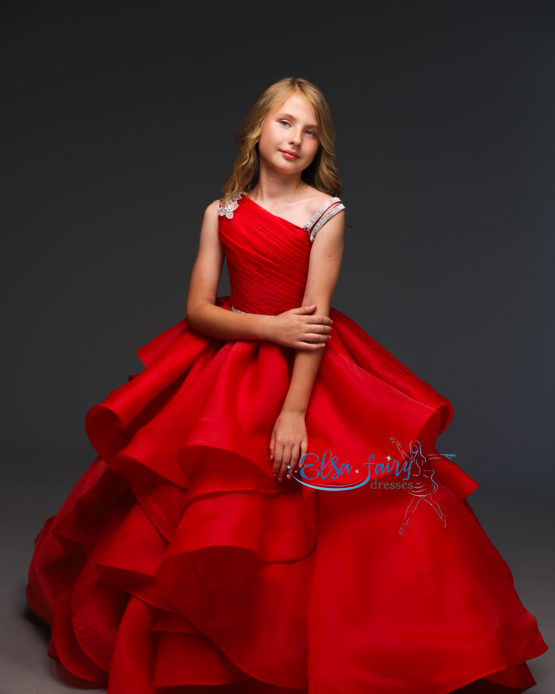 Red pageant girl dress with beaded shoulders and waist, flower girl dress, long formal wear, organza tulle dress, birthday ball gown