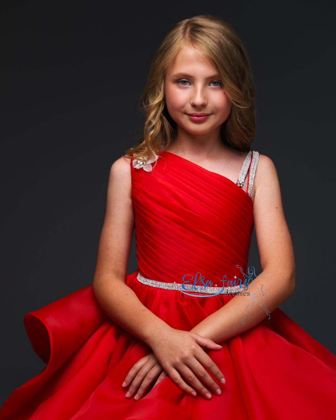 Red pageant girl dress with beaded shoulders and waist, flower girl dress, long formal wear, organza tulle dress, birthday ball gown