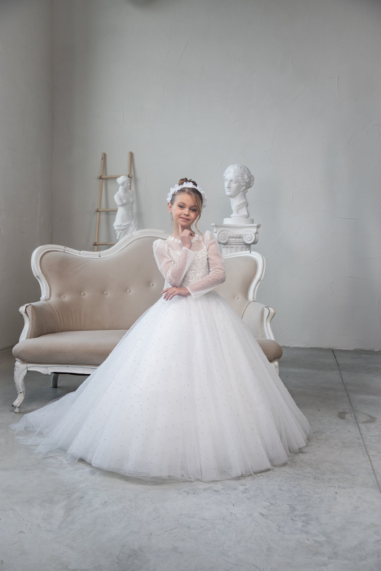 White Pearl Lased First Communion Dress: Handmade Lace Gown with puffy sleeves and train