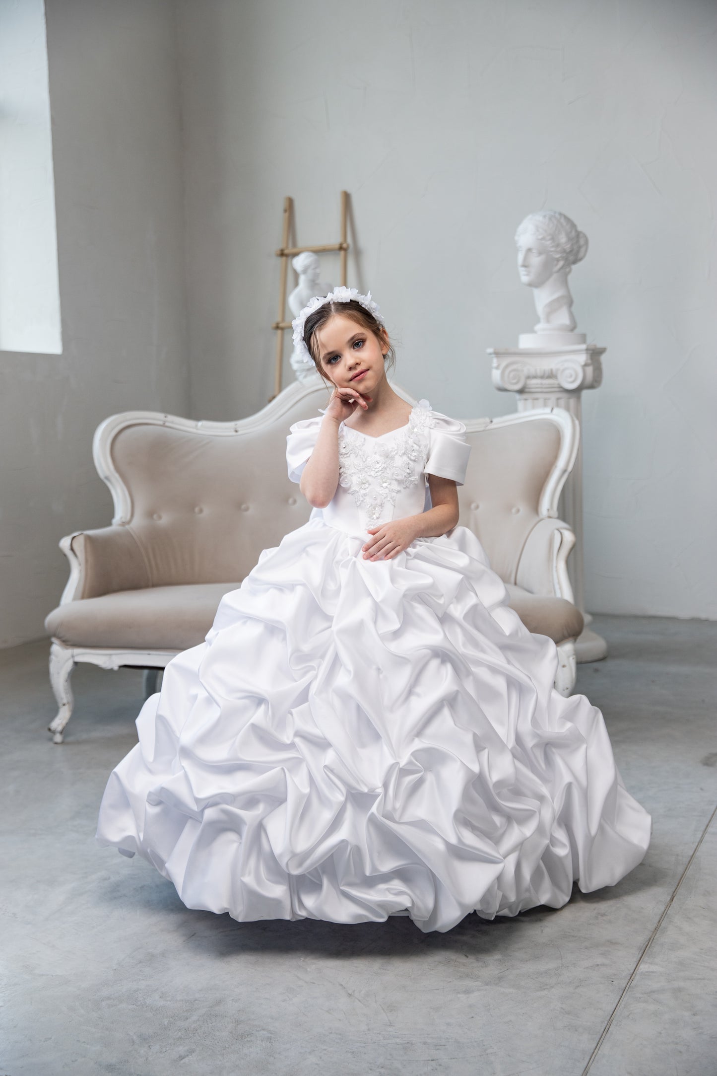 White Satin First Communion Dress: Handmade Satin Gown with puffy skirt and long train