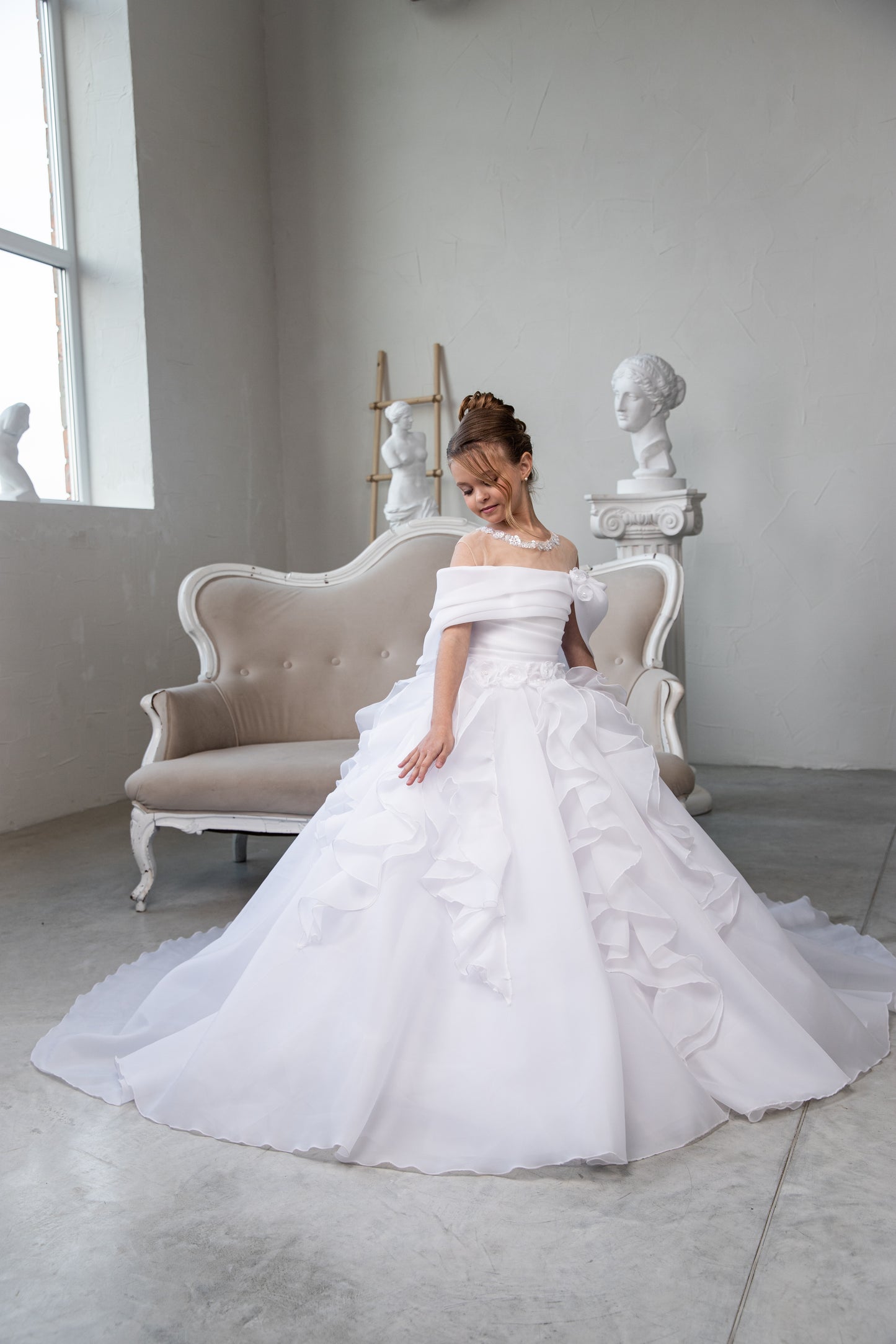 White Organza First Communion Dress: Handmade Organza Gown with structured skirt