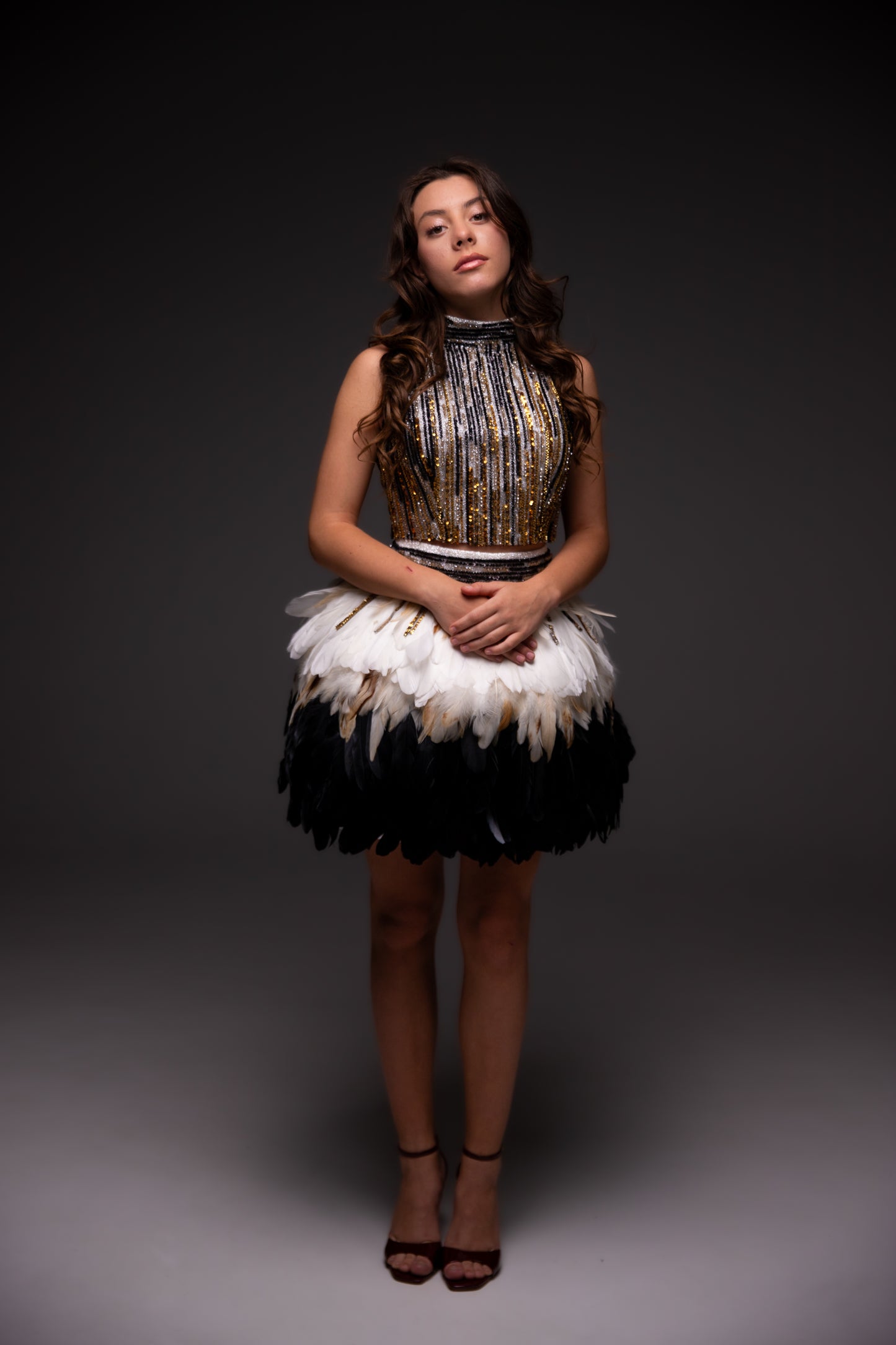 Gold feathers couture cocktail dress, Pageant interview dress, Birthday Girl Dress, Wedding guest Dress, Graduation dress