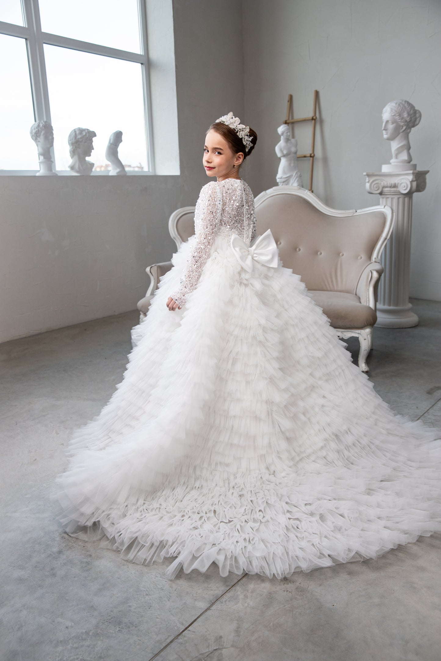 White Glitter First Communion Dress: Handmade Tulle Gown with puffy skirt and laced bodice