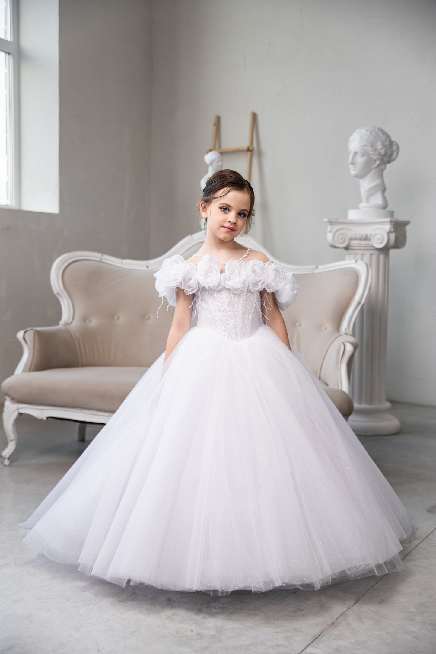 White Flowered First Communion Dress: Handmade Tulle Gown with Organza Flowers