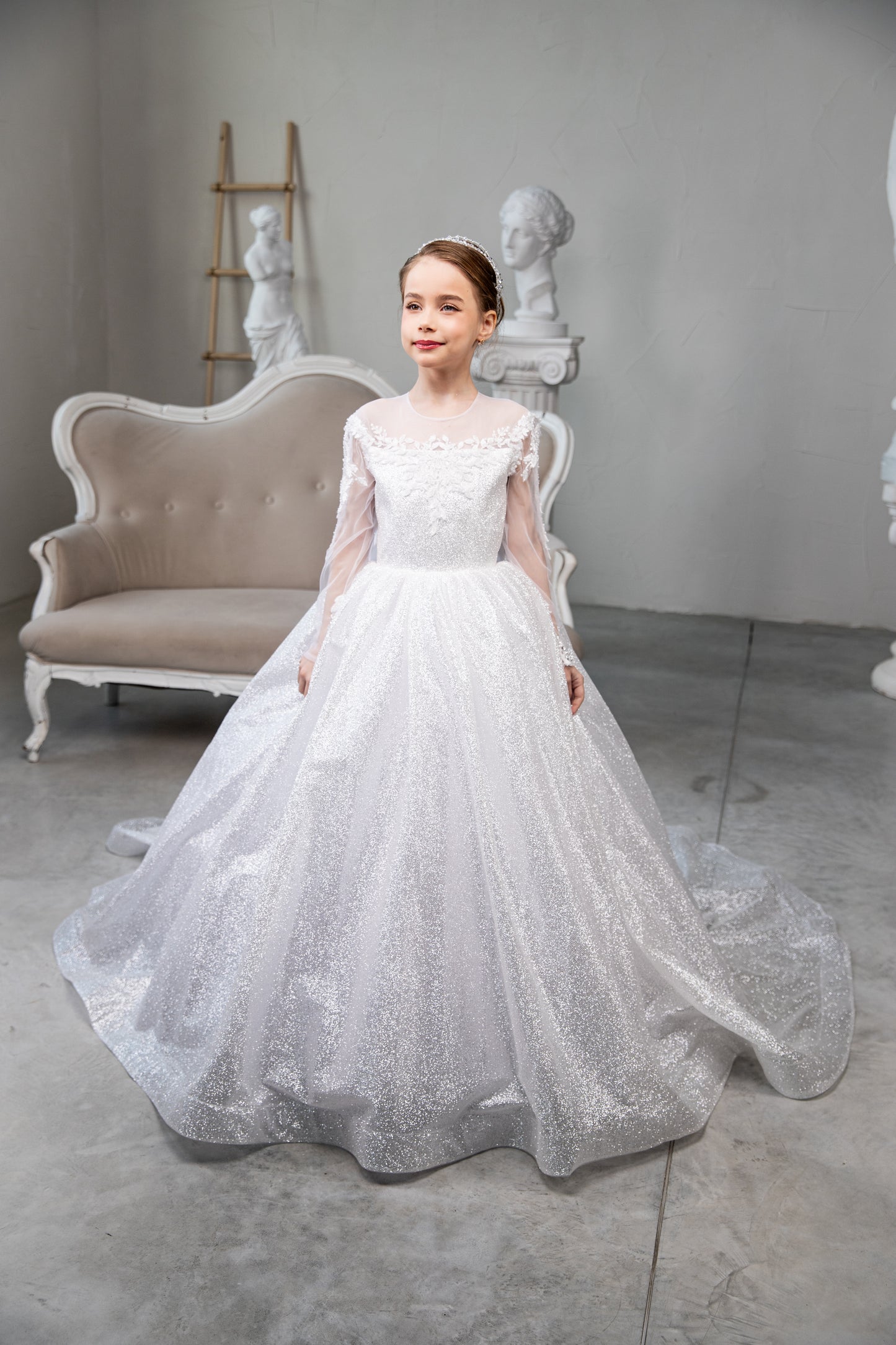 White Glitter First Communion Dress: Handmade Tulle Gown with glitter skirt and laced bodice