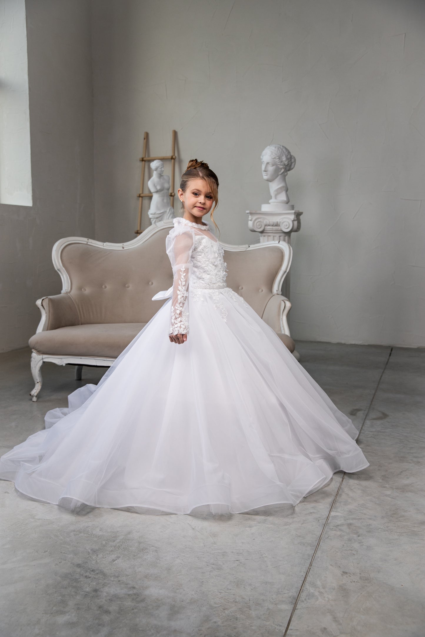 White Pearl Lased First Communion Dress: Lace Gown with long sleeves and train