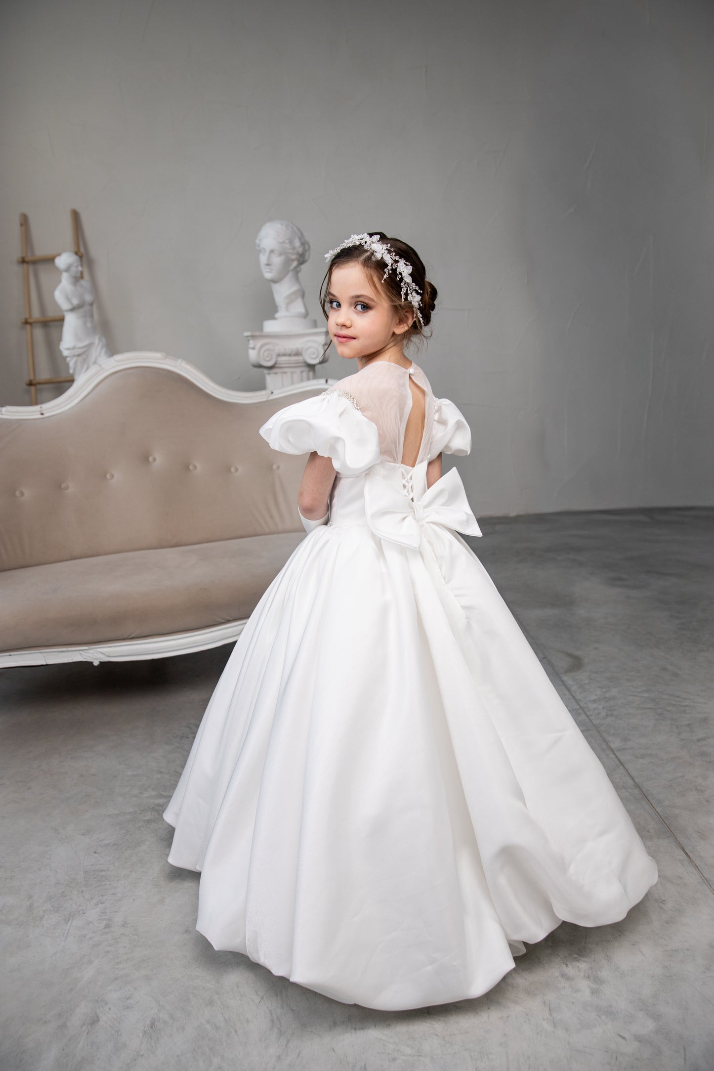 White Satin First Communion Dress: Handmade Satin Gown with puffy skirt and detachable gloves