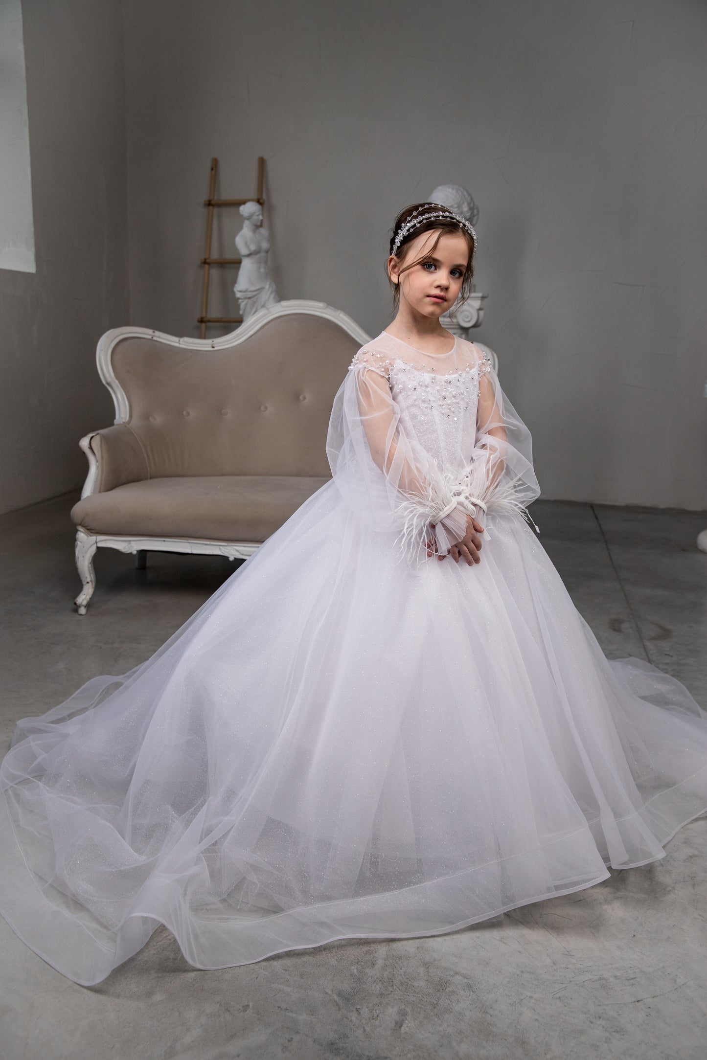 White Pearl Lased First Communion Dress: Handmade Lace Gown with puffy sleeves and train