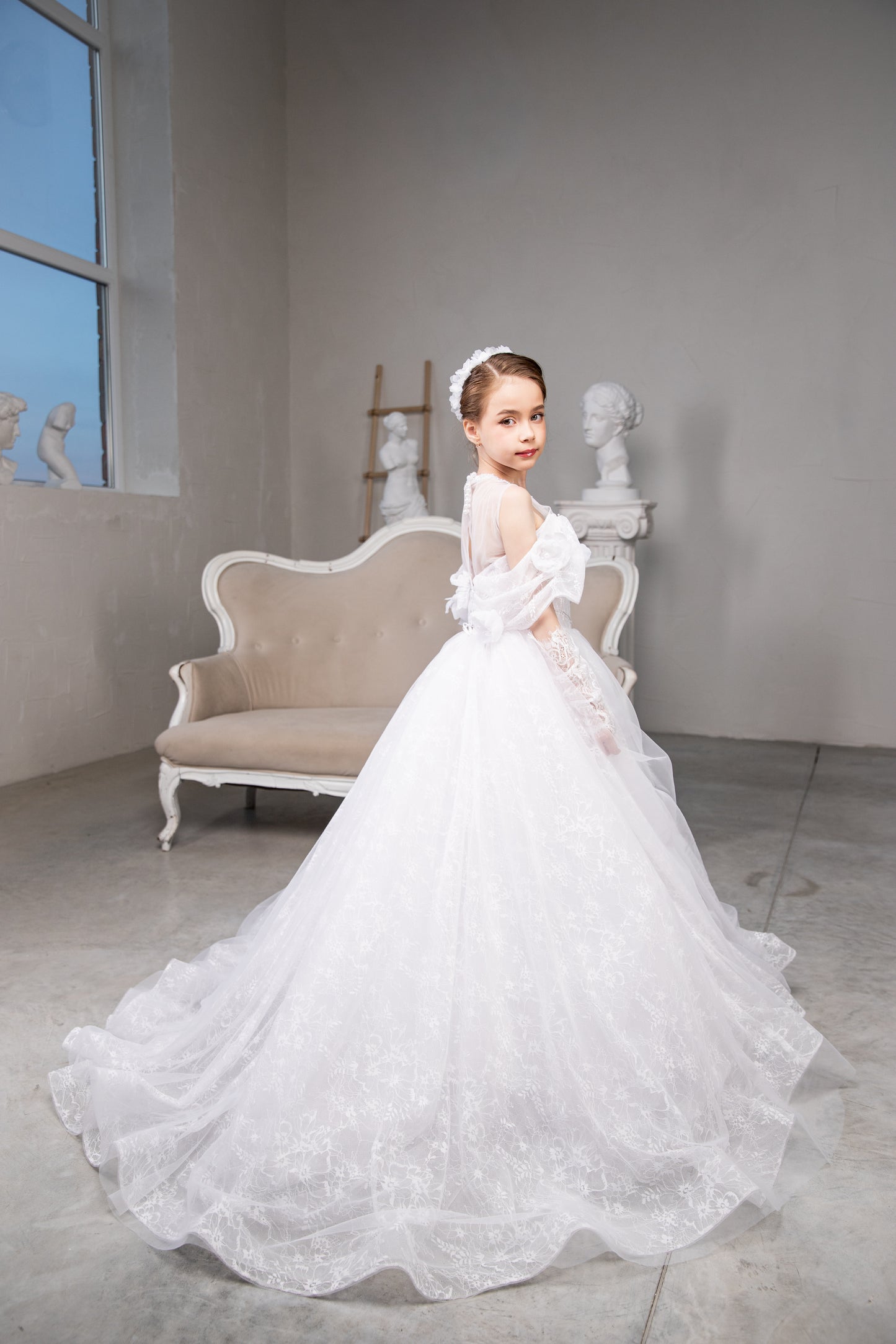 White Laced First Communion Dress: Lace Gown with gloves and matching veil