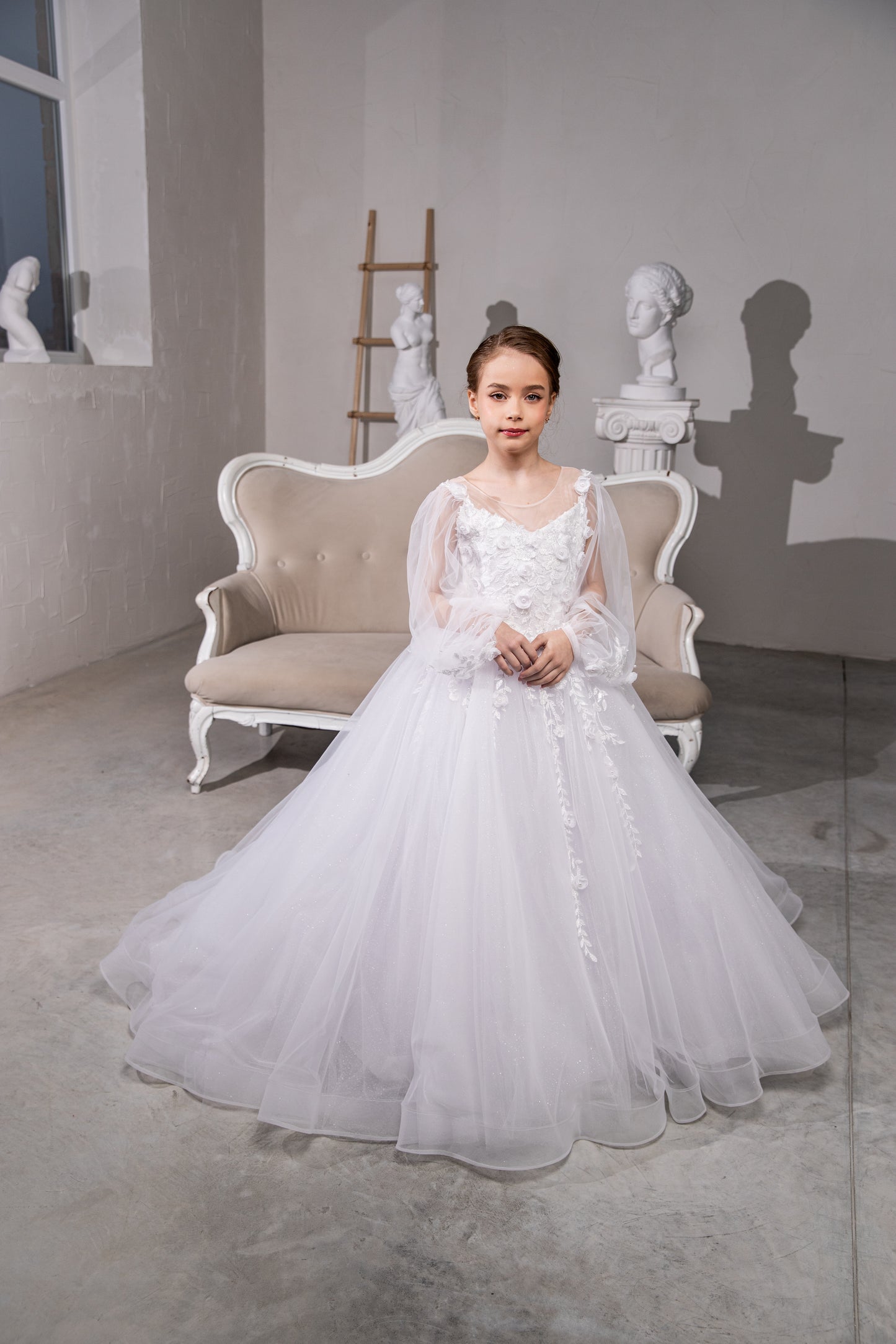 White Lased First Communion Dress: Handmade Lace Gown with puffy sleeves and tulle train