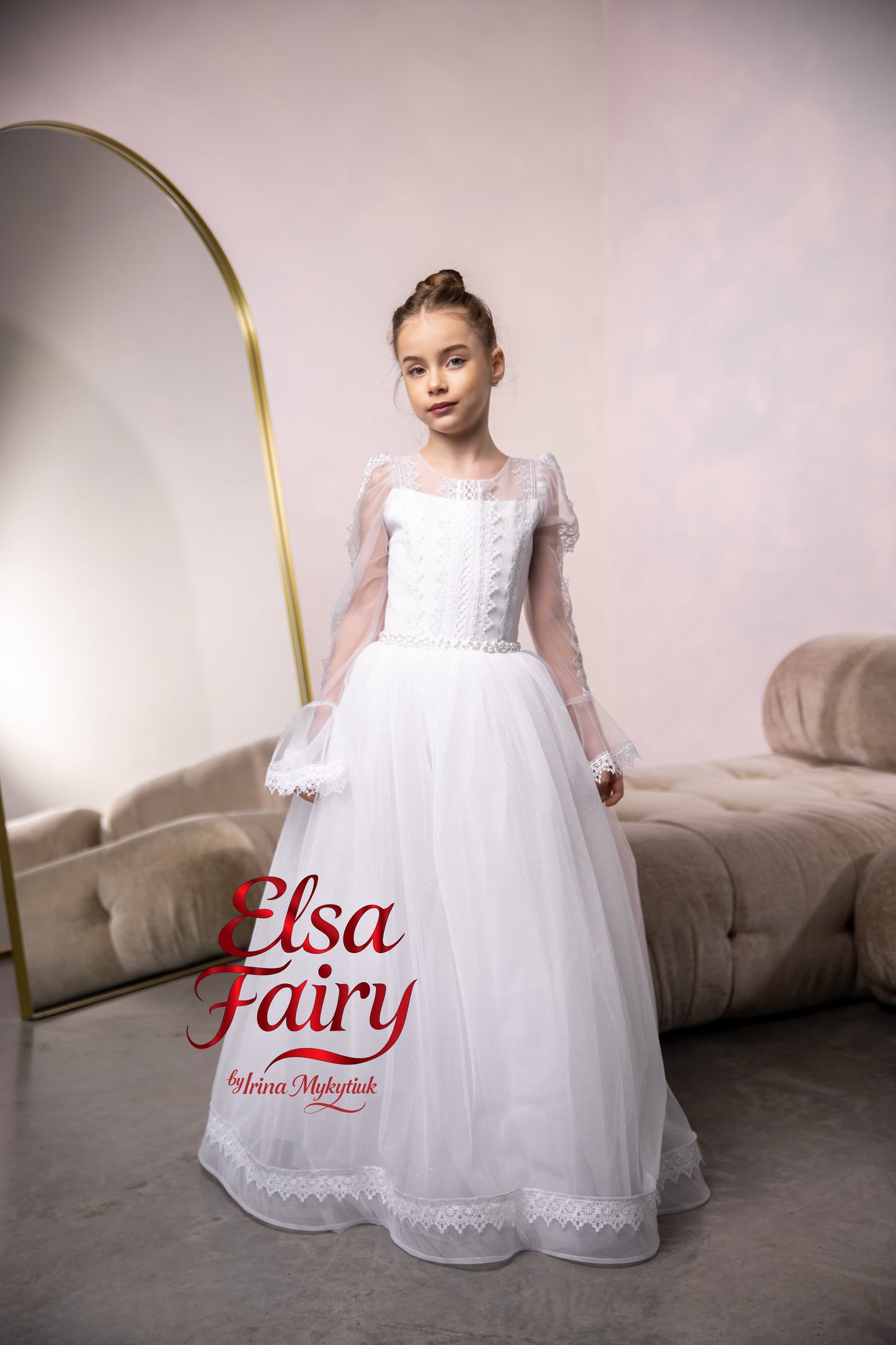White First Communion Dress: Handmade Baptism Gown with tulle skirt and laced sleeves
